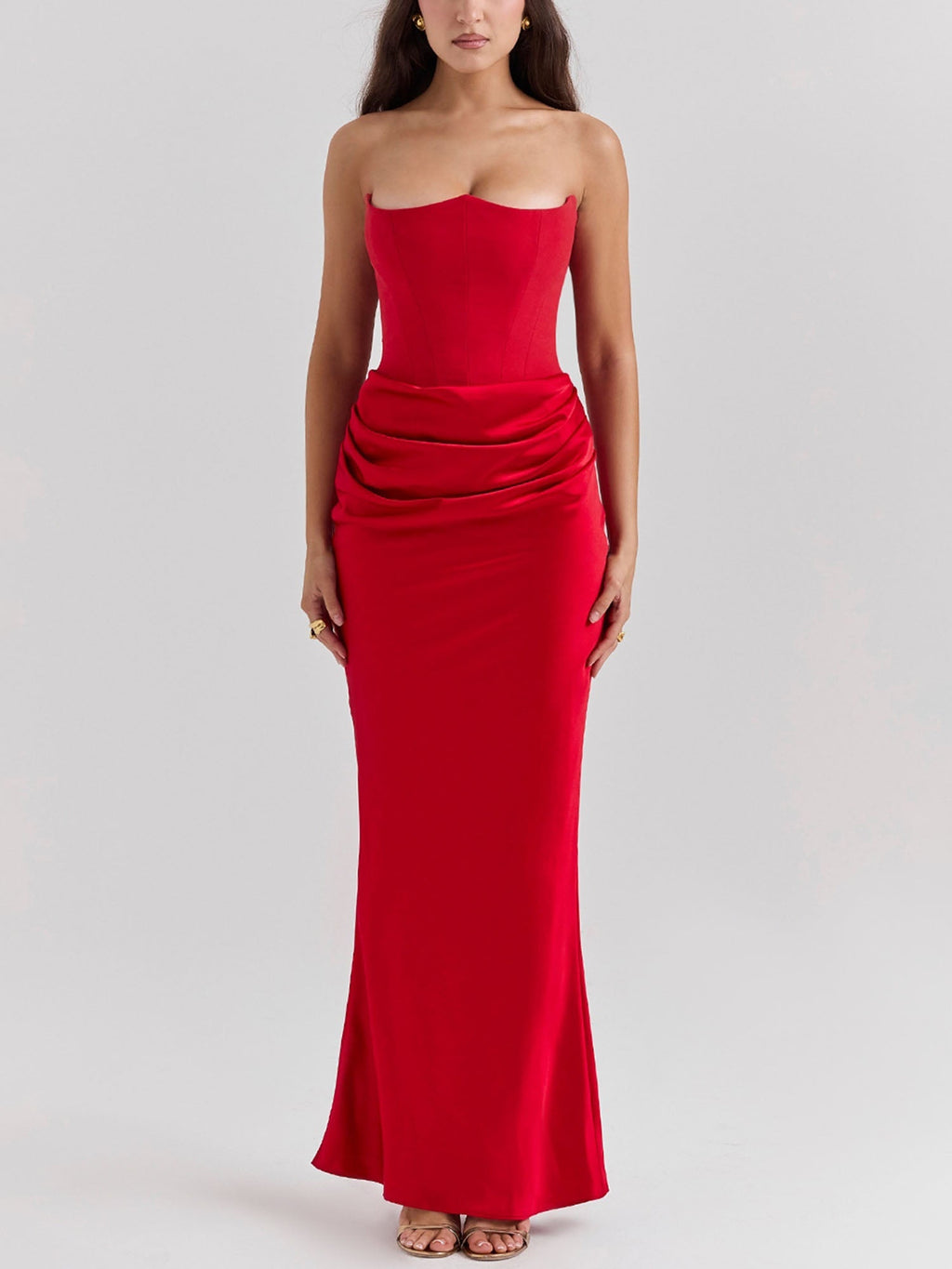 Red Strapless Draped Bodycon Maxi Dress