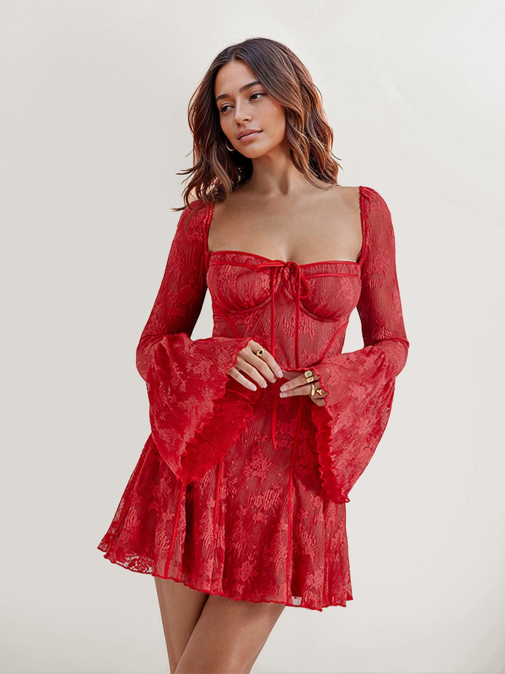 Sheer Lace Long-Sleeve Mini Dress