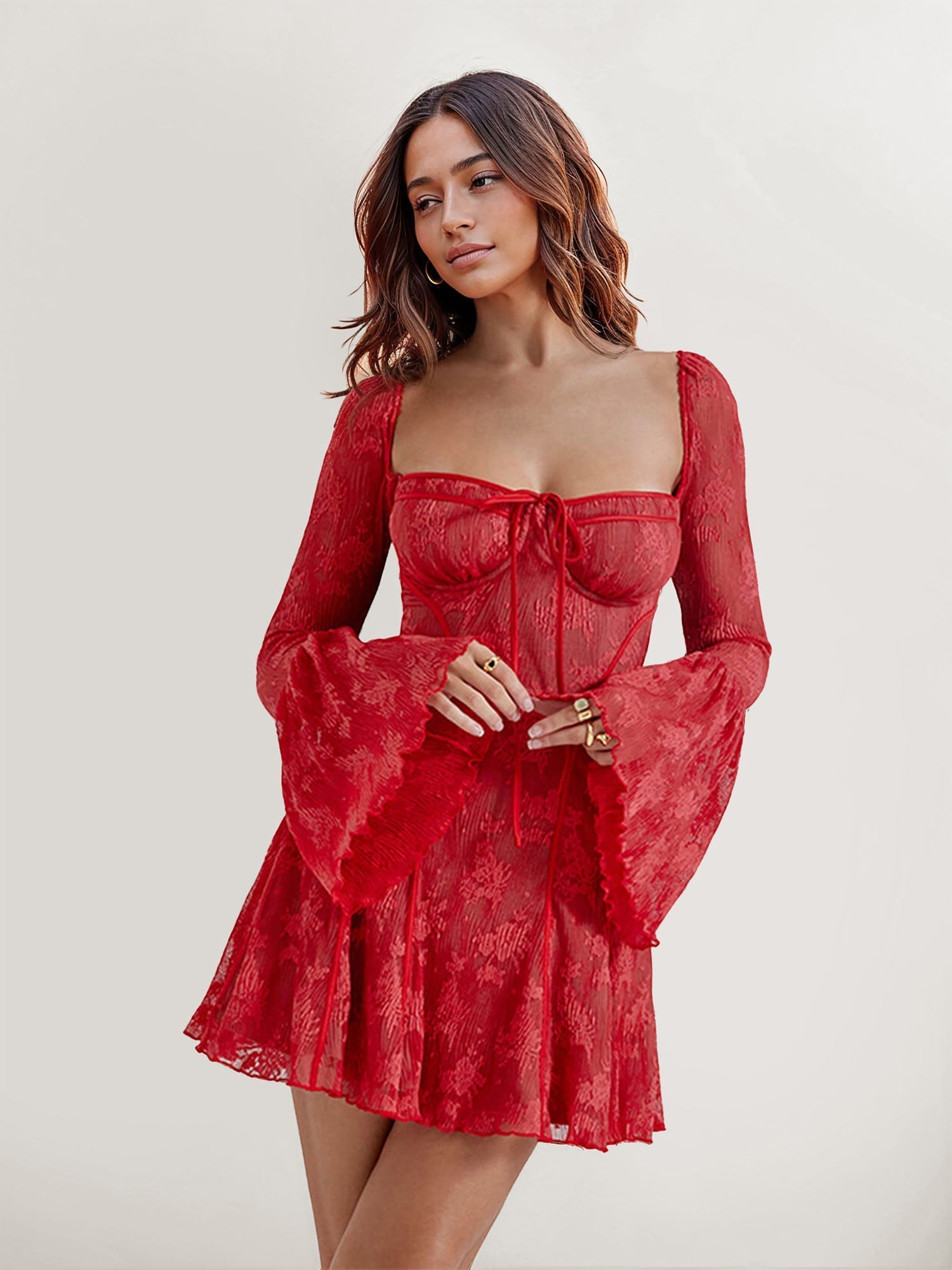 Sheer Lace Long-Sleeve Mini Dress