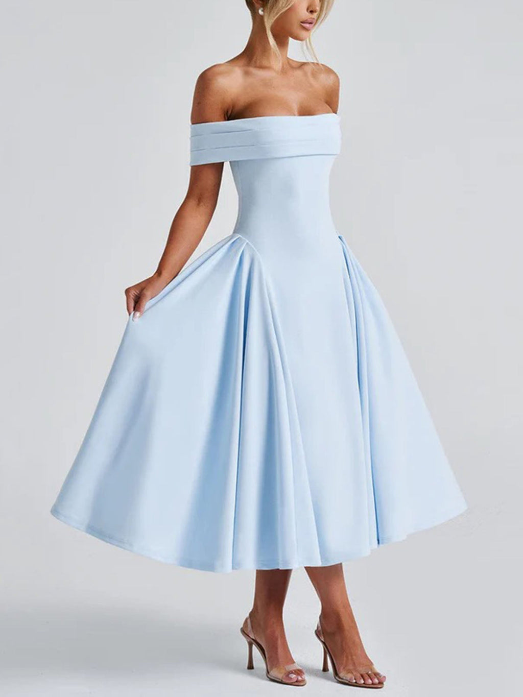 Blue Off-Shoulder Vintage-Inspired Midi Dress