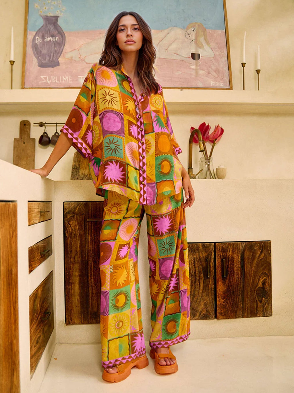 Boho Floral Print Wide-Leg Pants