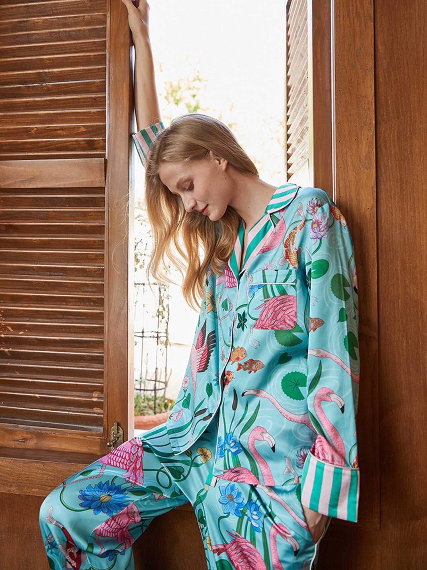 Flamingo Print Long Pajama Set