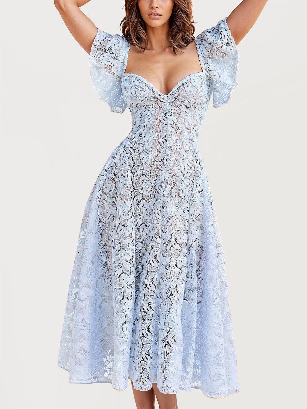 Lace Midi Dress with Flutter Sleeves