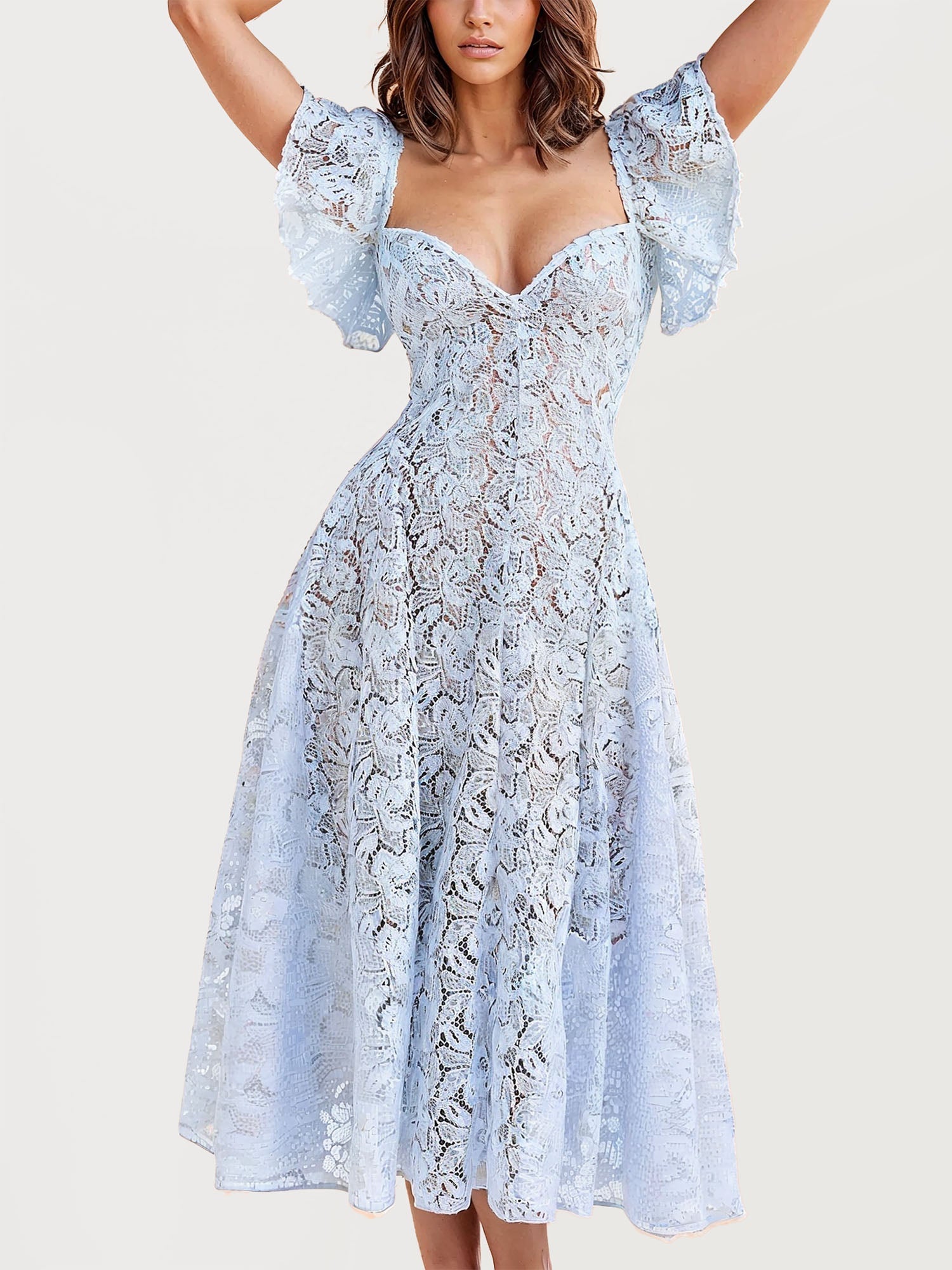 Lace Midi Dress with Flutter Sleeves