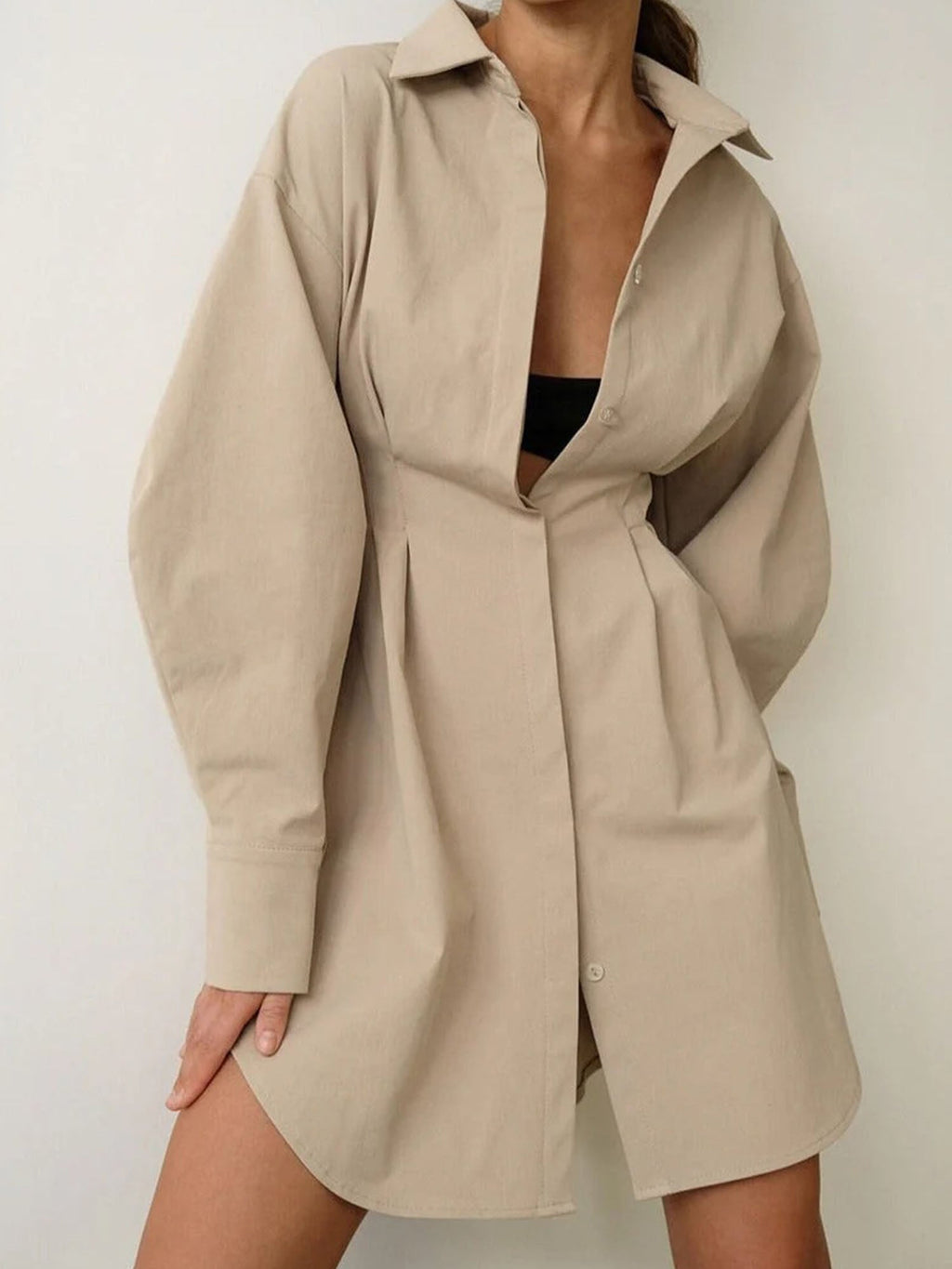 Khaki Cinched Waist Shirt Dress Effortless A-Line
