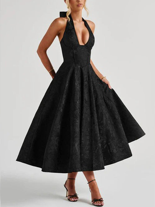 Black Halter Flared Midi Dress