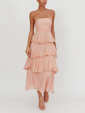 Light Pink Strapless Tiered Midi Dress