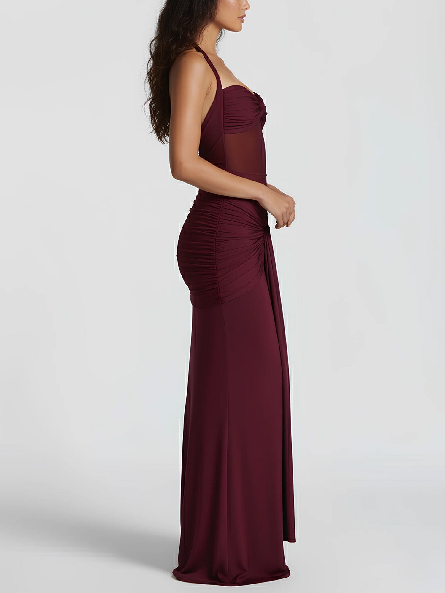 Yellow Draped Halter Maxi Dress Sheer Elegance