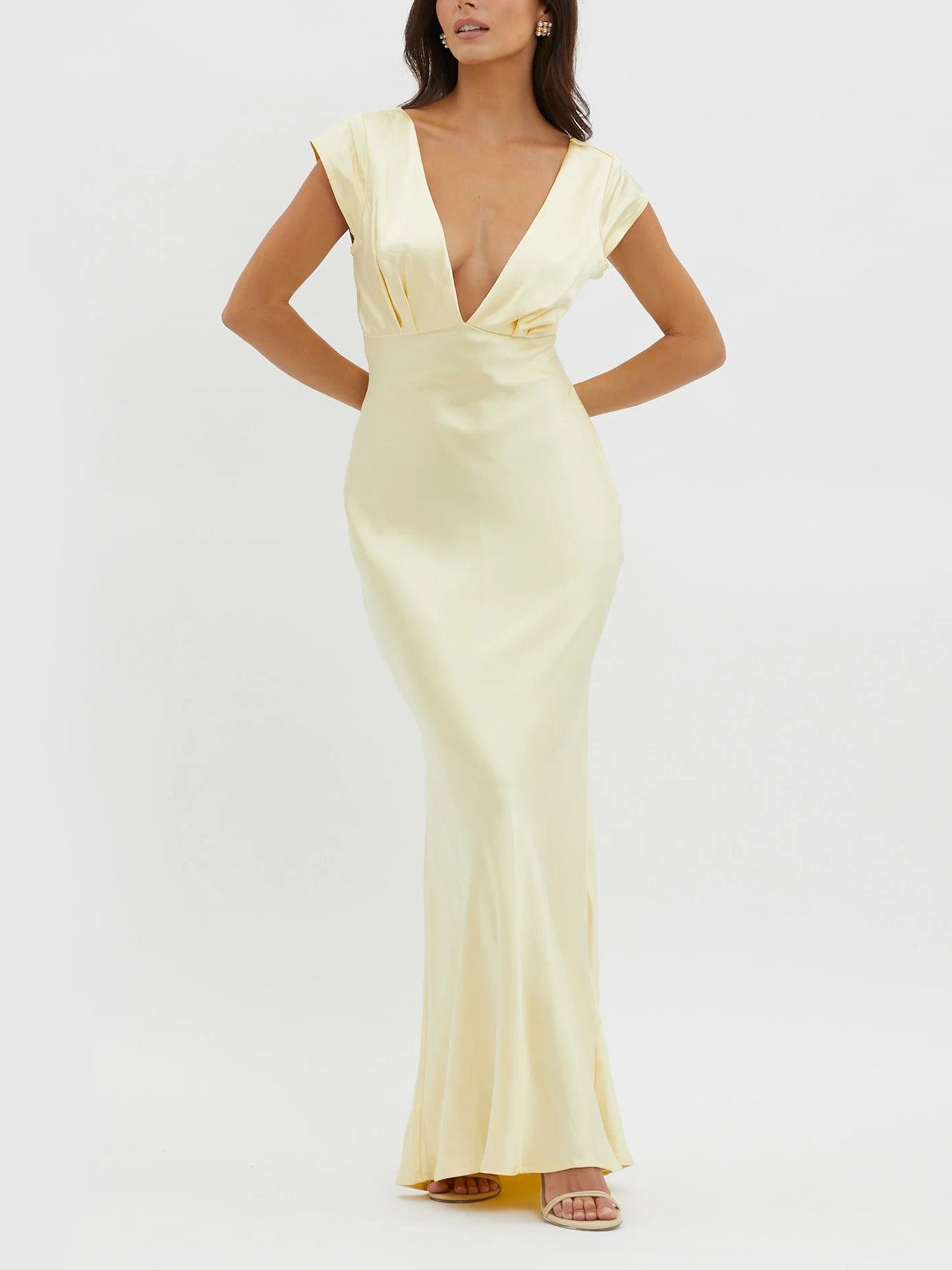 Lemon Cream Plunge Neck Maxi Dress