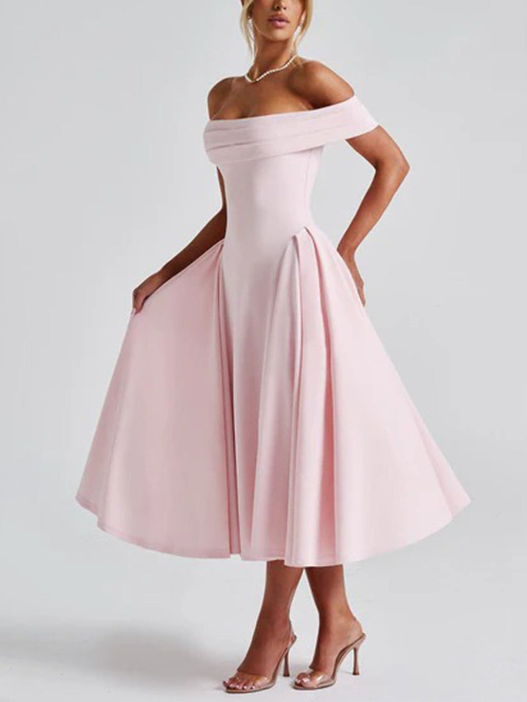 Pink Off-Shoulder Vintage-Inspired Midi Dress