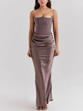 Brown Strapless Draped Bodycon Maxi Dress