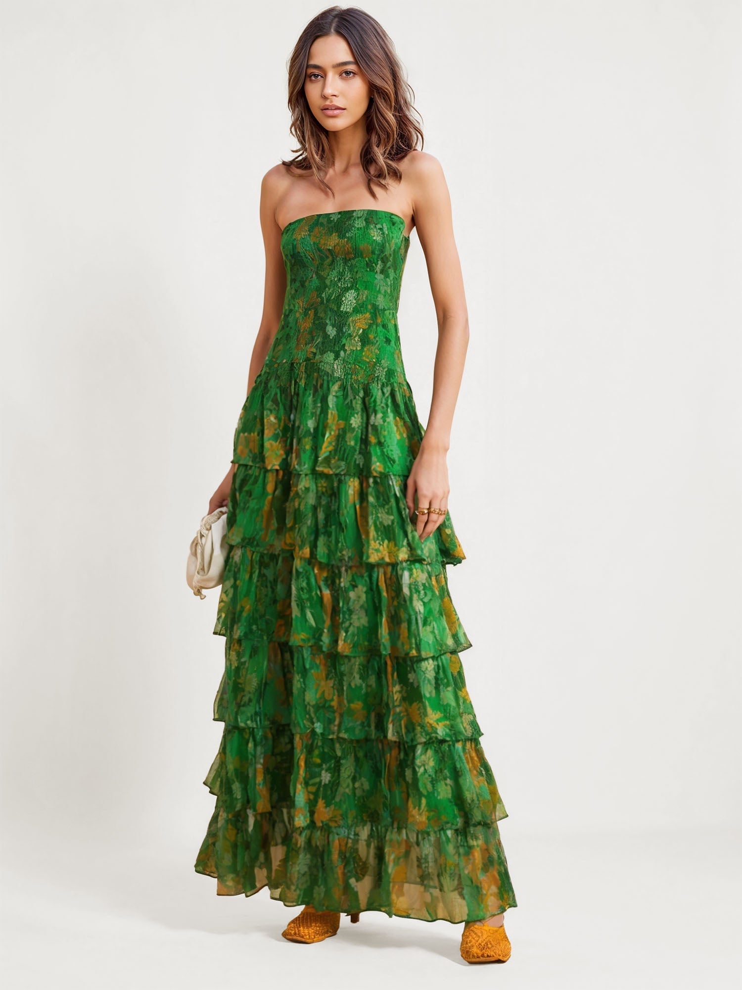 Tiered Green Floral Maxi Dress