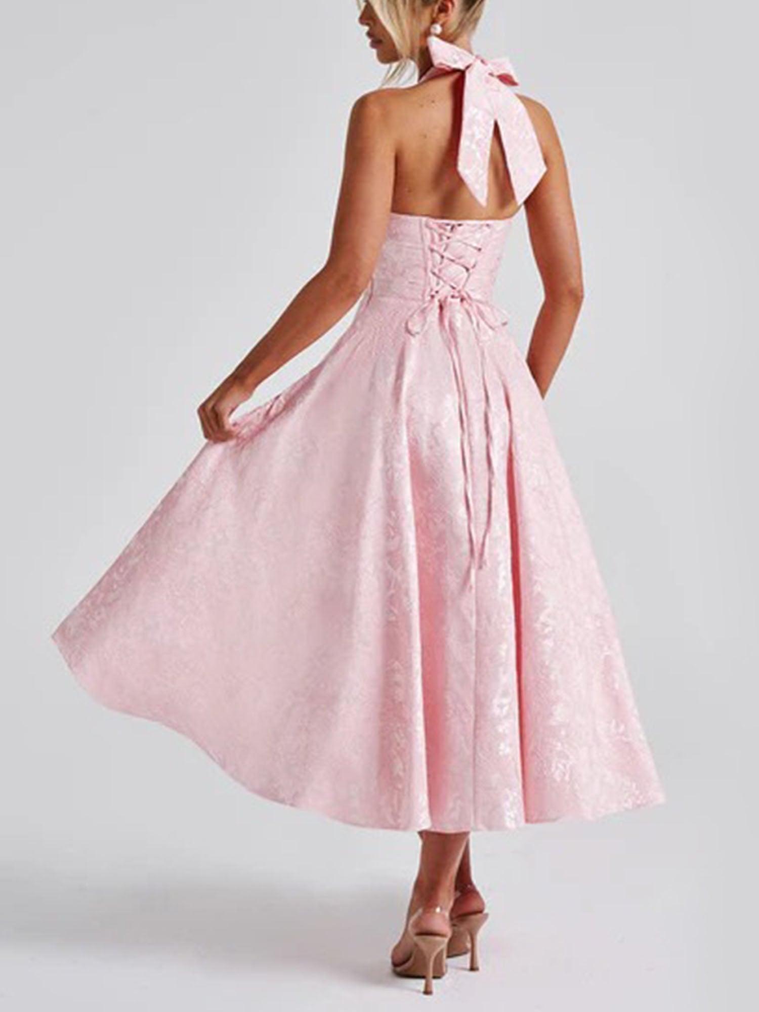 Pink Halter Flared Midi Dress
