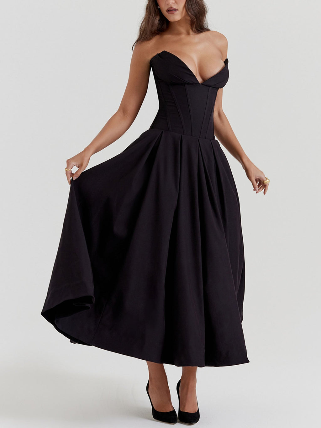 Black Strapless Fit-and-Flare Midi Dress