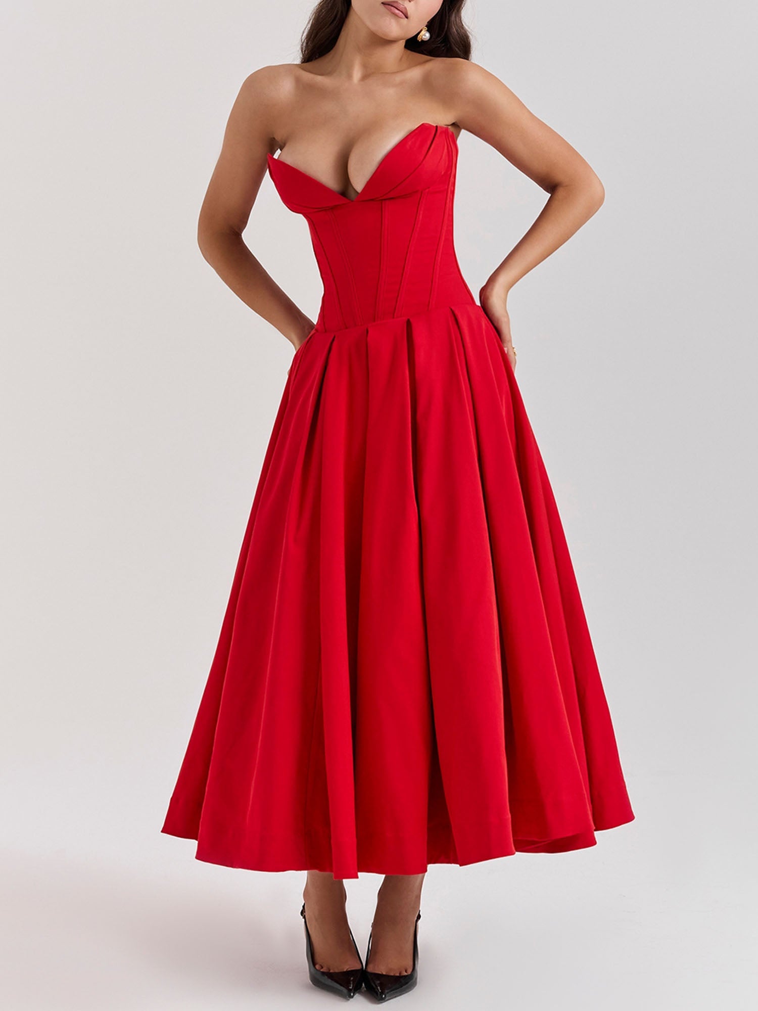 Red Strapless Fit-and-Flare Midi Dress