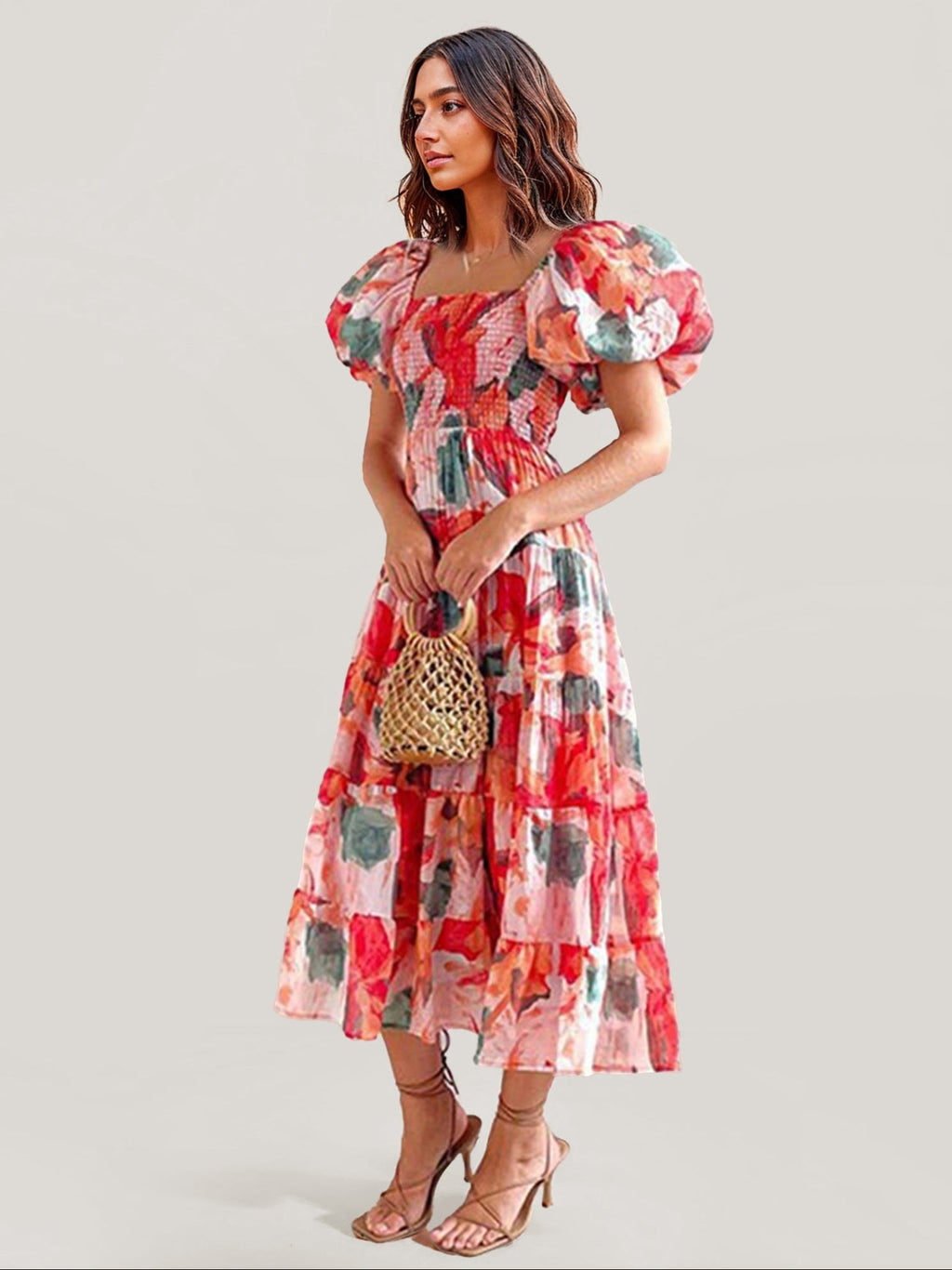 Floral Puff Sleeve Midi Dress