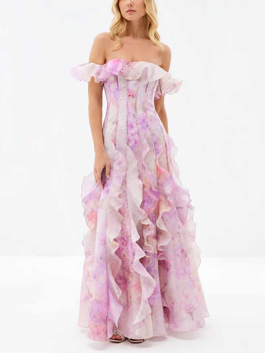 Lavender Off-Shoulder Ruffle Maxi Dress