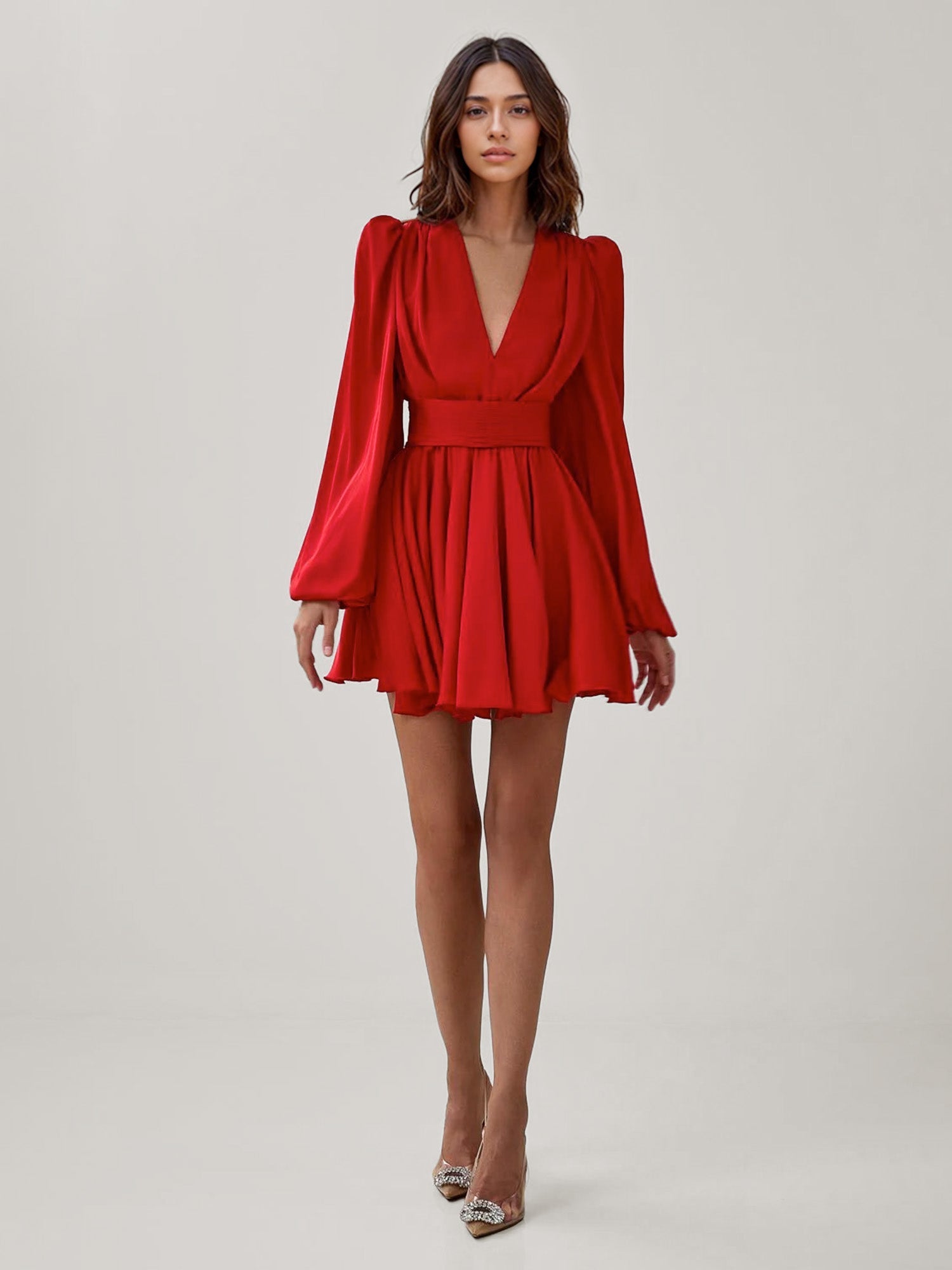 Flared Sleeve Red Mini Dress