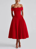 Red Off-Shoulder Vintage-Inspired Midi Dress