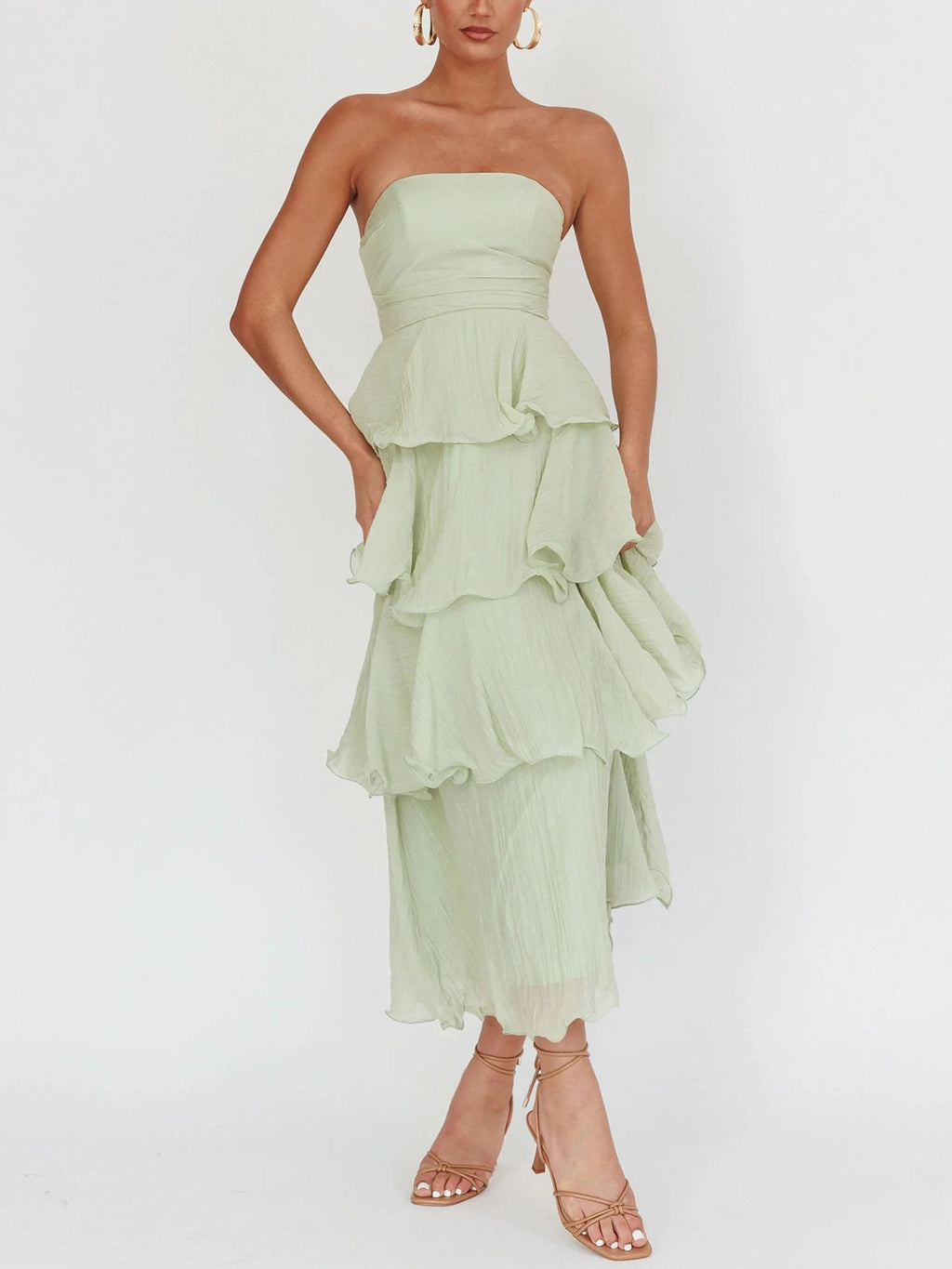 Light Green Strapless Tiered Midi Dress