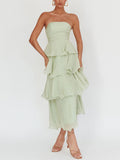 Light Green Strapless Tiered Midi Dress