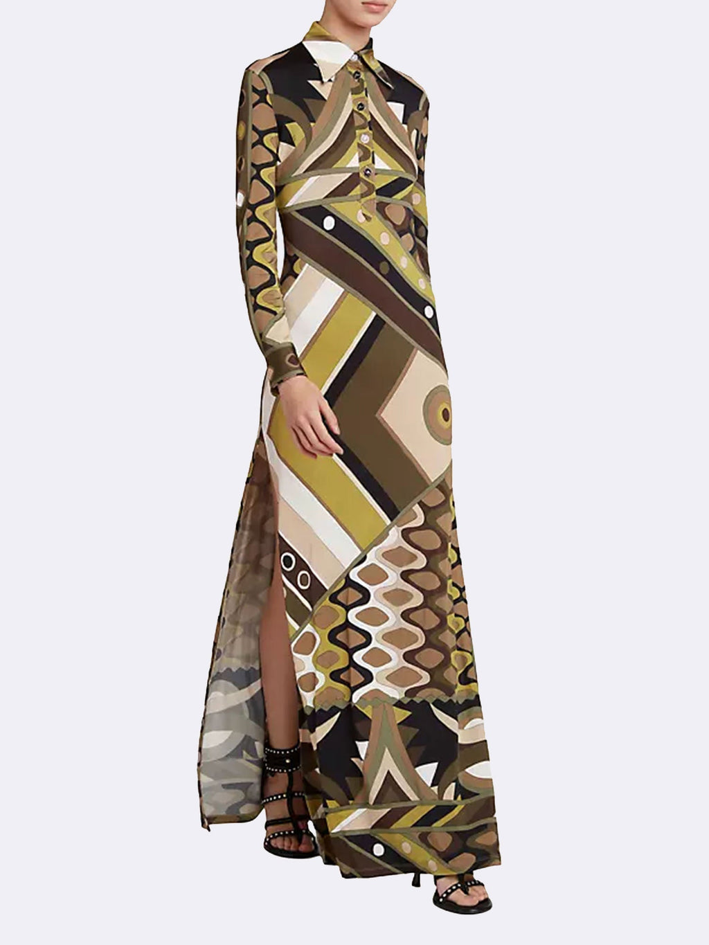 Retro Print Maxi Dress with Long Sleeves