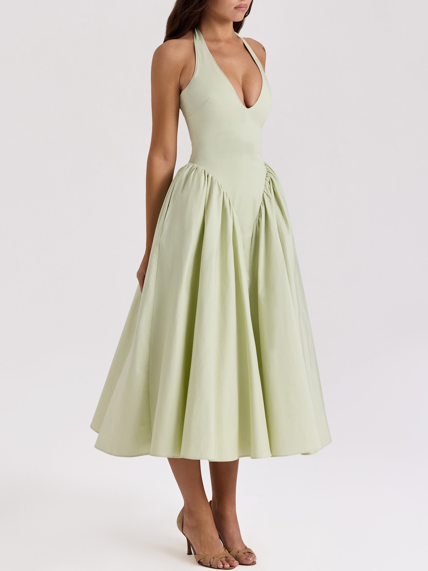 Pleated A-Line Halter Midi Dress