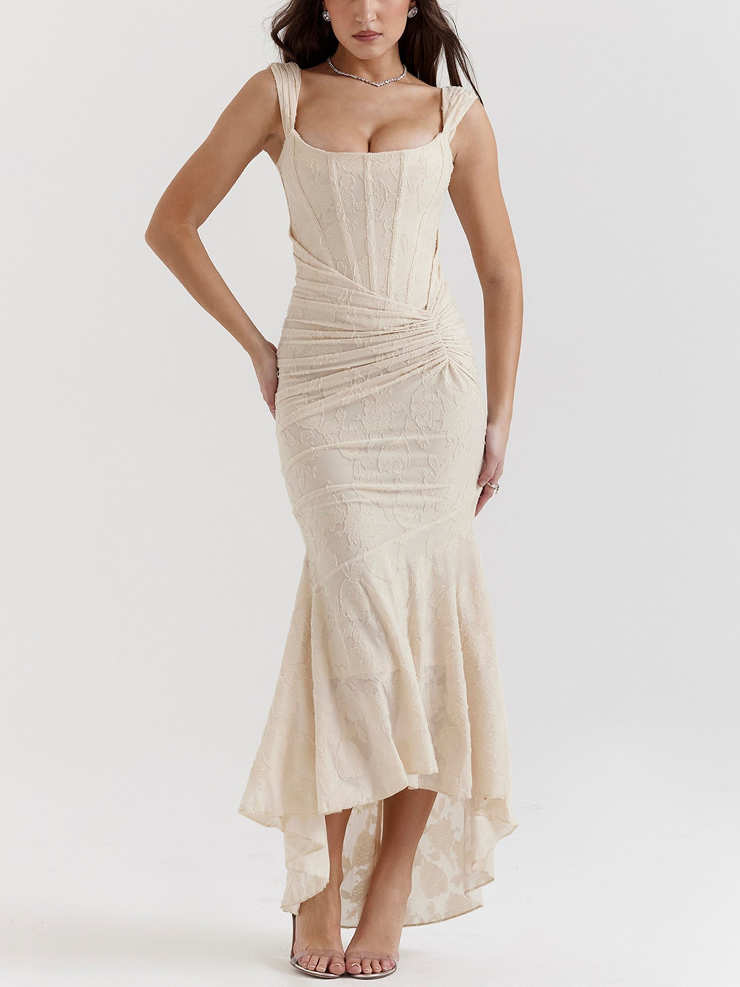 Beige Textured Asymmetrical Midi Dress
