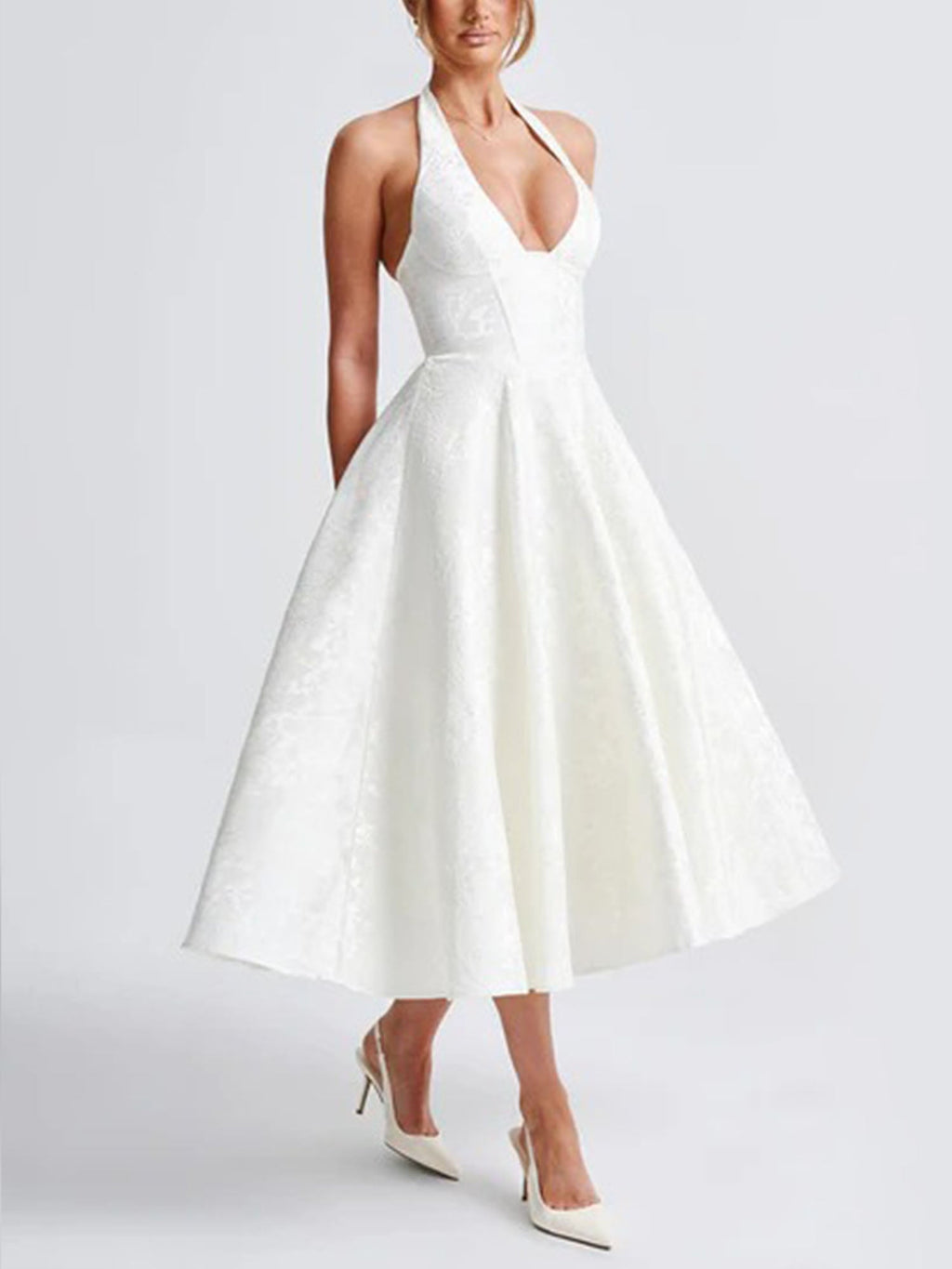 White Halter Flared Midi Dress