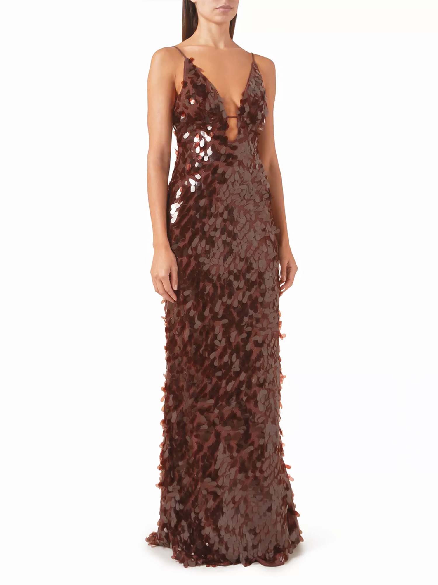 Brown Sequin Plunge Maxi Dress