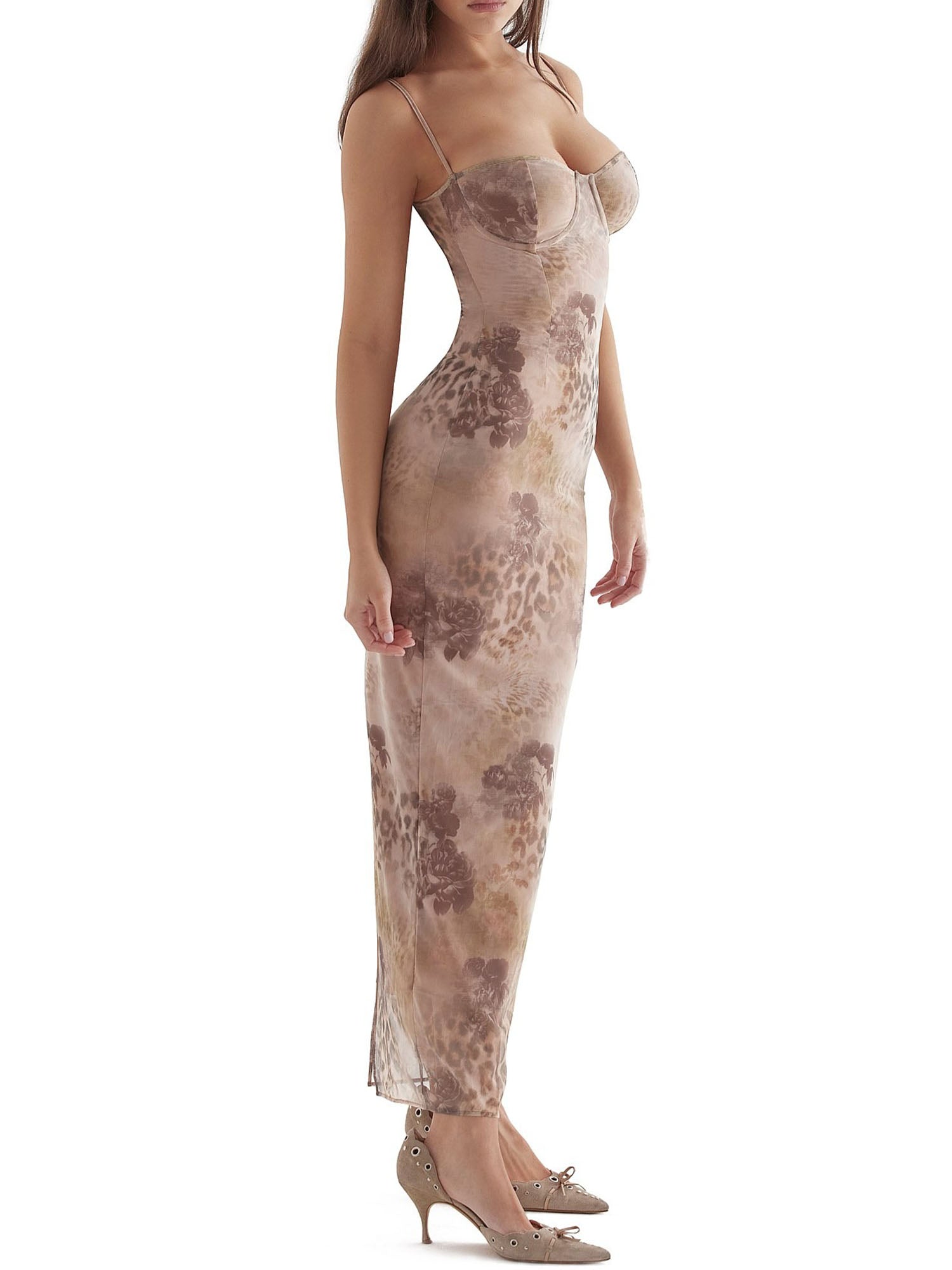 Taupe Sheer Leopard-Print Mesh Maxi Dress