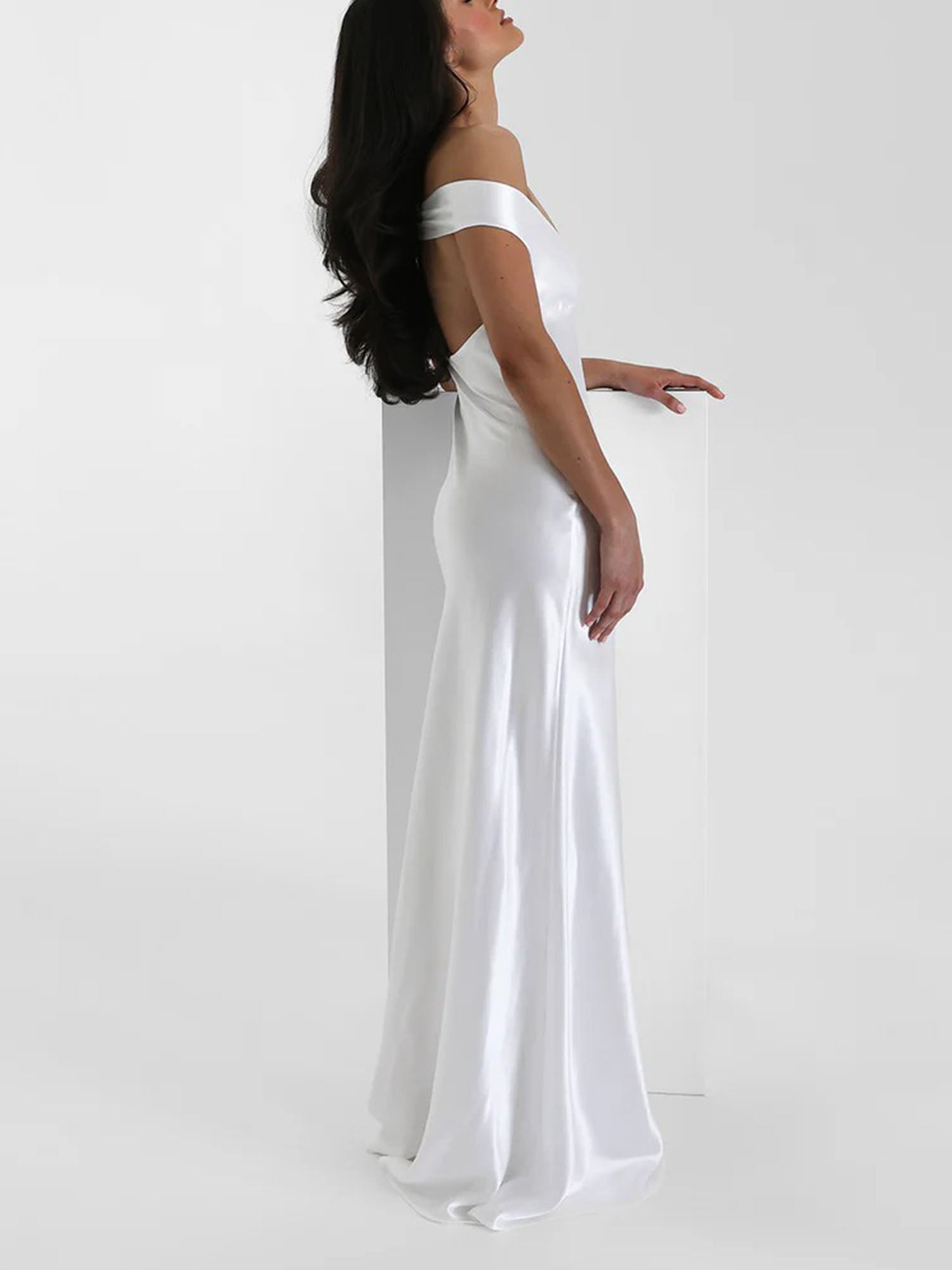 Pearl White Off-Shoulder Satin Maxi Dress