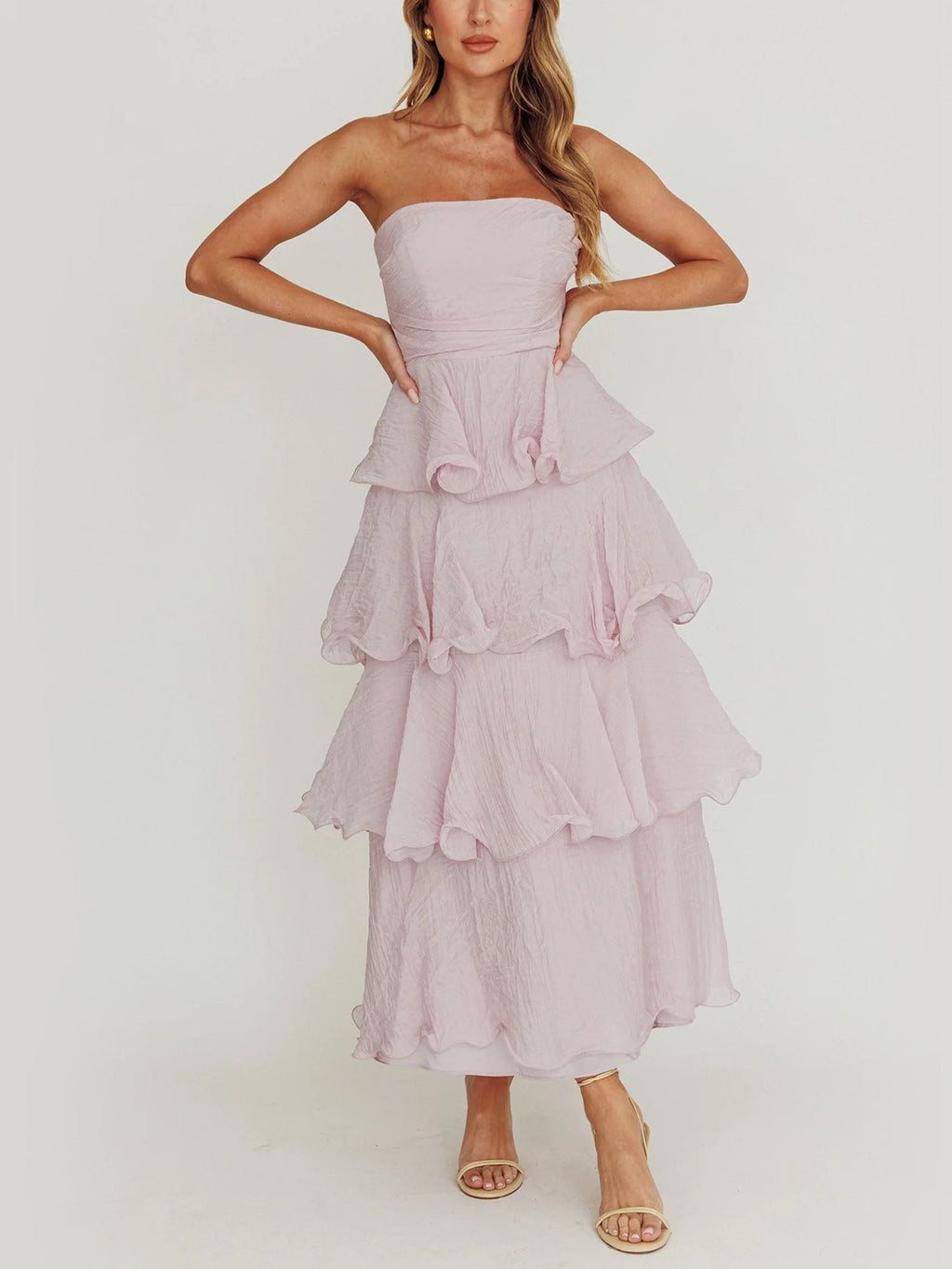 Light Purple Strapless Tiered Midi Dress