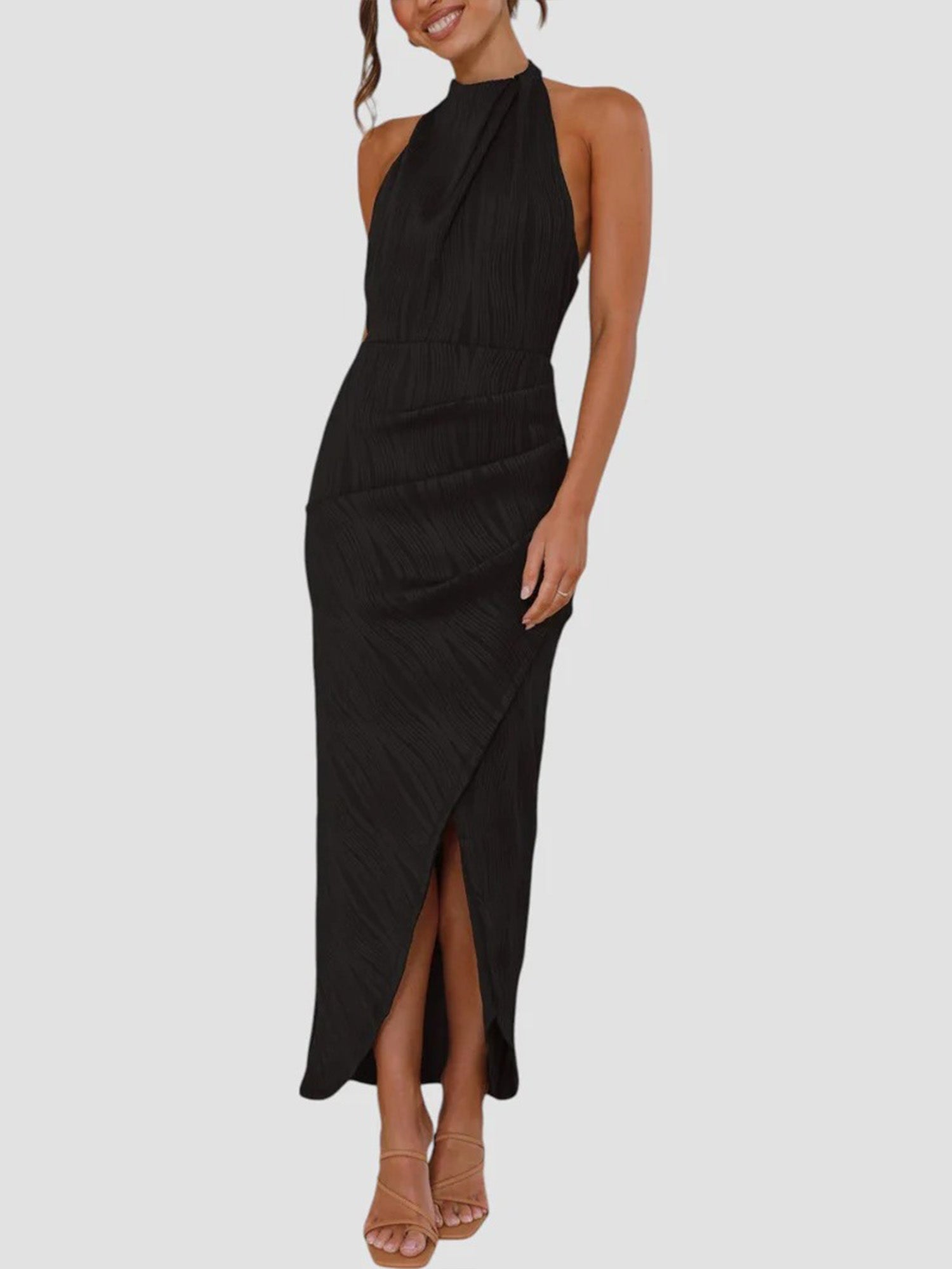 Black Halter Pleated Midi Dress