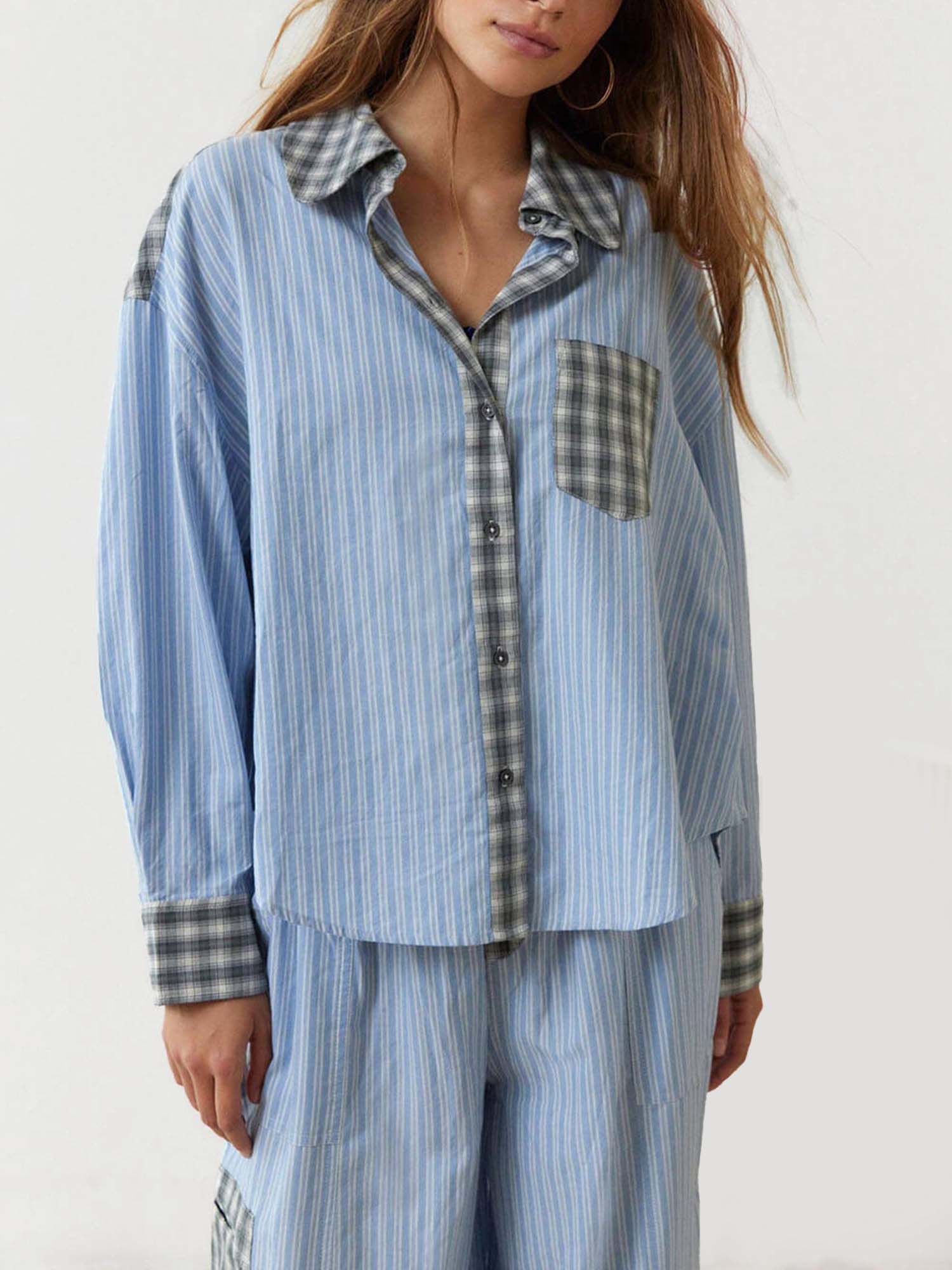 Striped Pajama Set with Checkered Accents