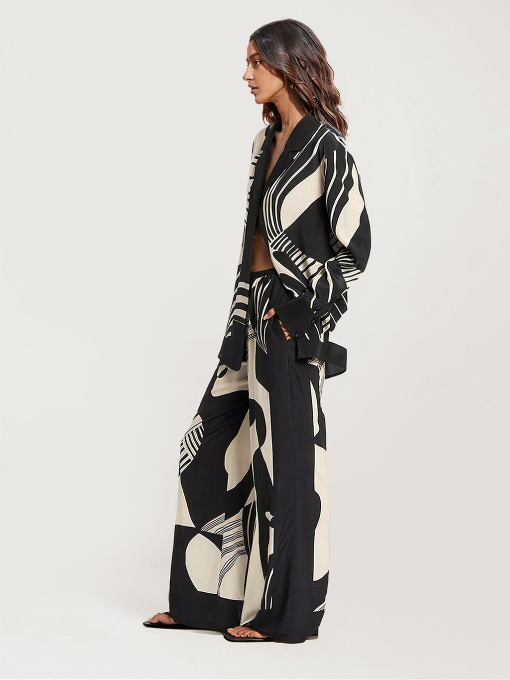 Abstract Black and White Print Button-Up Shirt