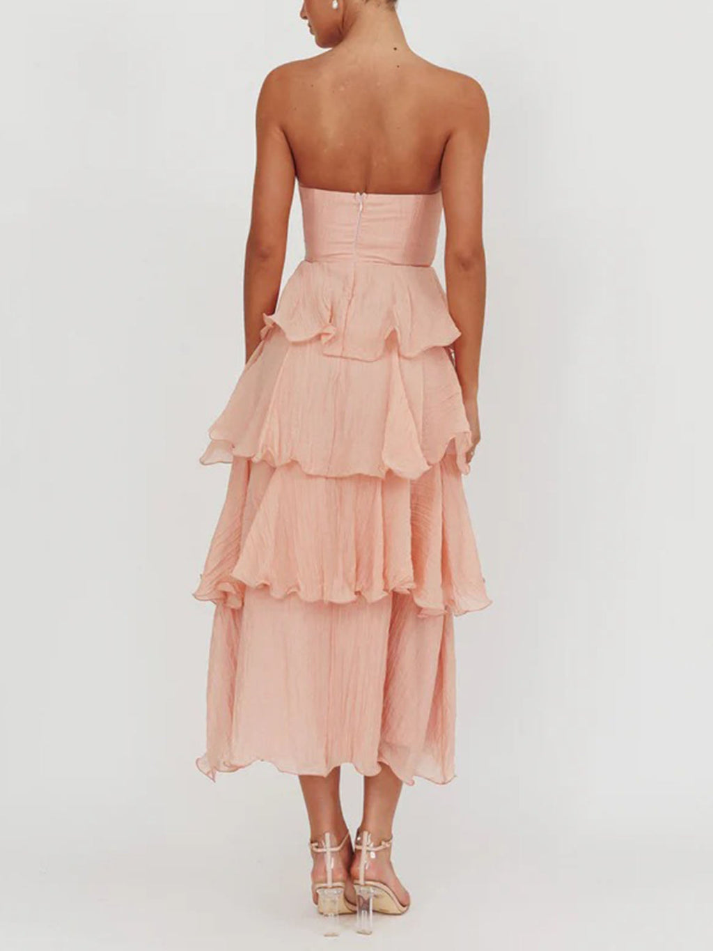 Light Pink Strapless Tiered Midi Dress