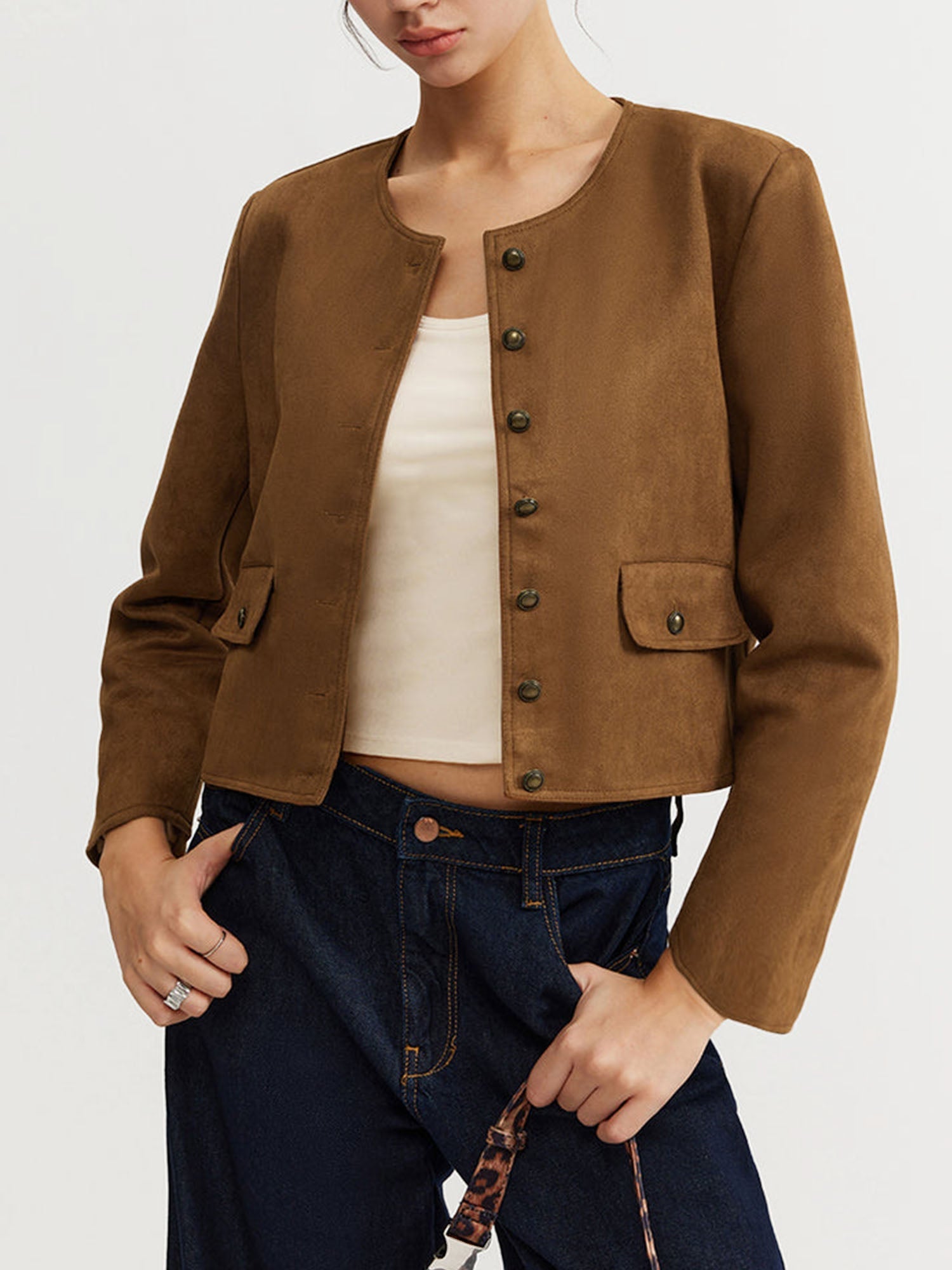 Brown Suede Buttoned Jacket