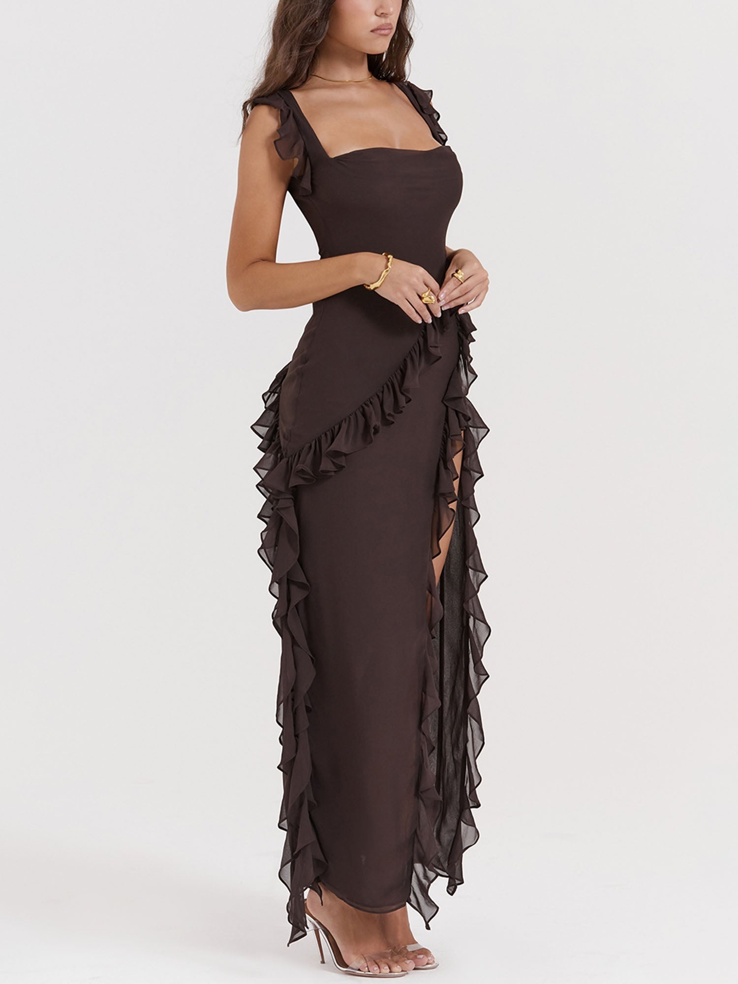 Brown Ruffled Cutout Maxi Dress with High Slit