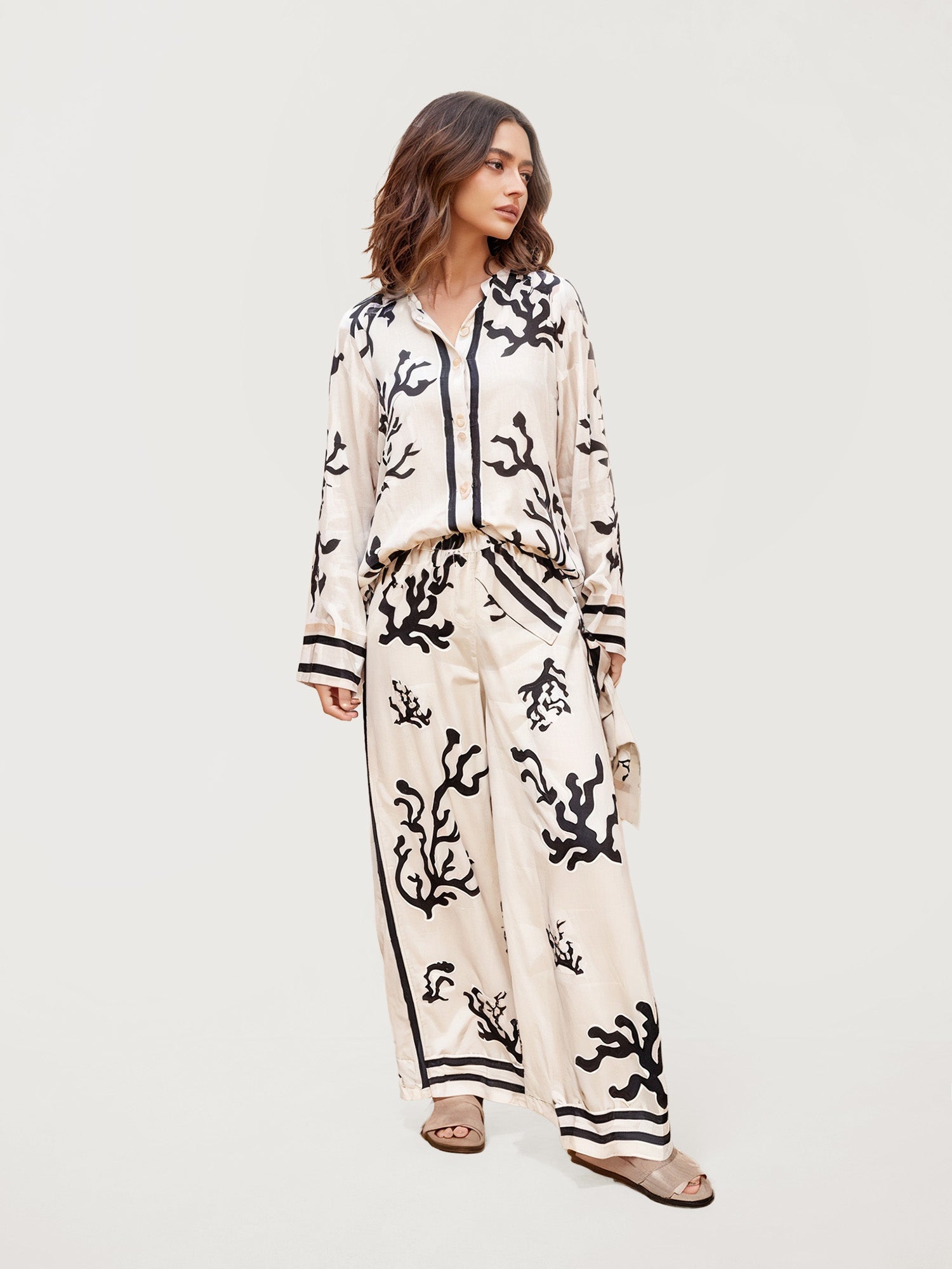 Black Coral Print Button-Up Shirt