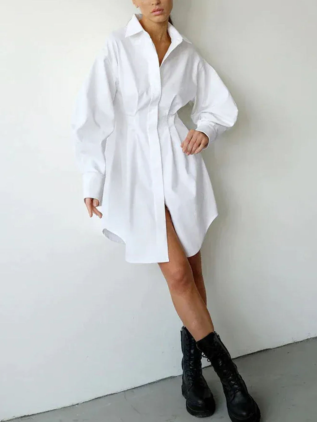 White Cinched Waist Shirt Dress Effortless A-Line