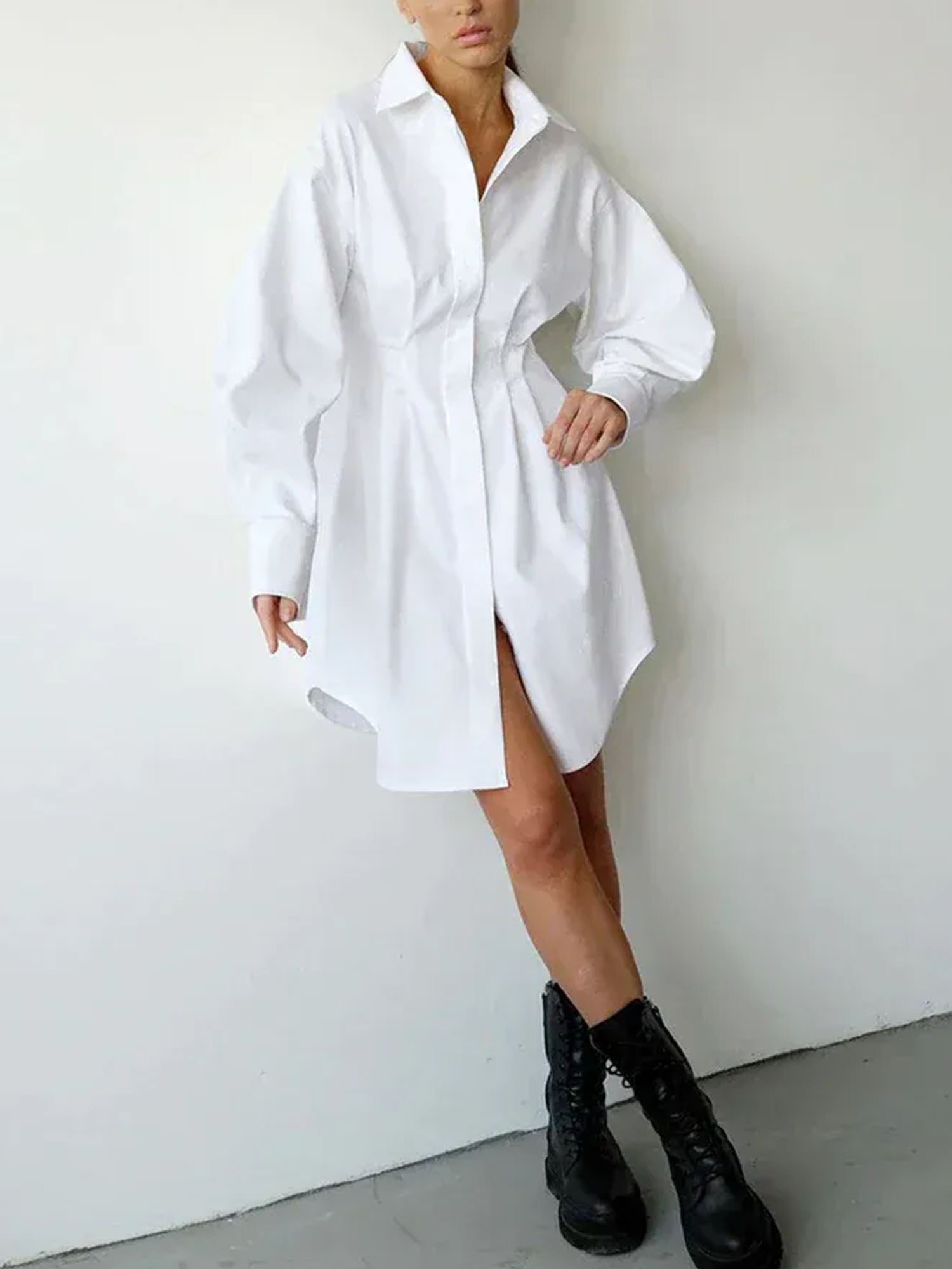 White Cinched Waist Shirt Dress Effortless A-Line