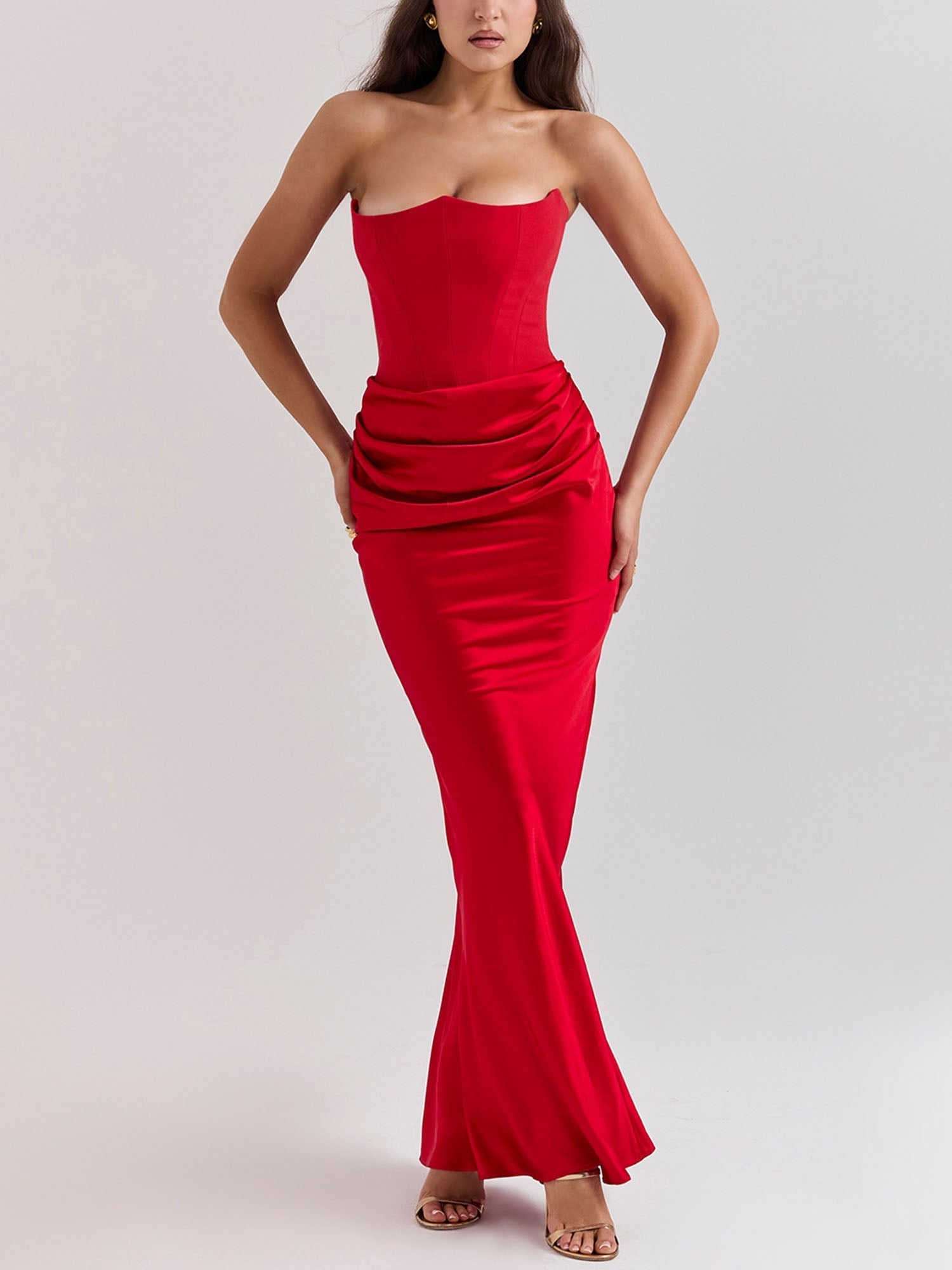 Red Strapless Draped Bodycon Maxi Dress