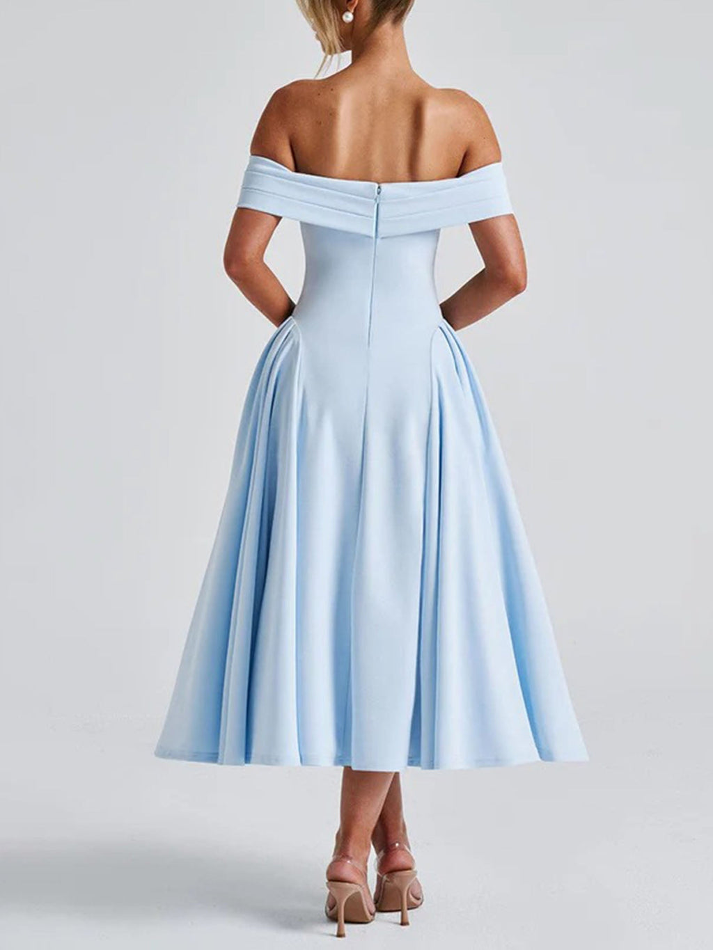 Blue Off-Shoulder Vintage-Inspired Midi Dress