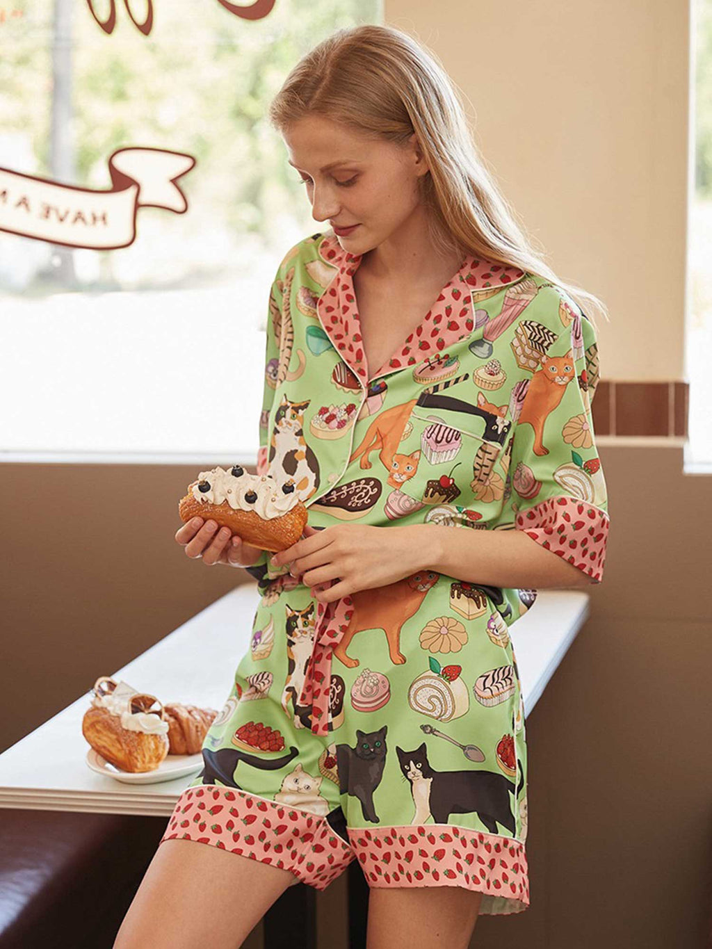 Cartoon Coffee & Cat Print Pajama Set