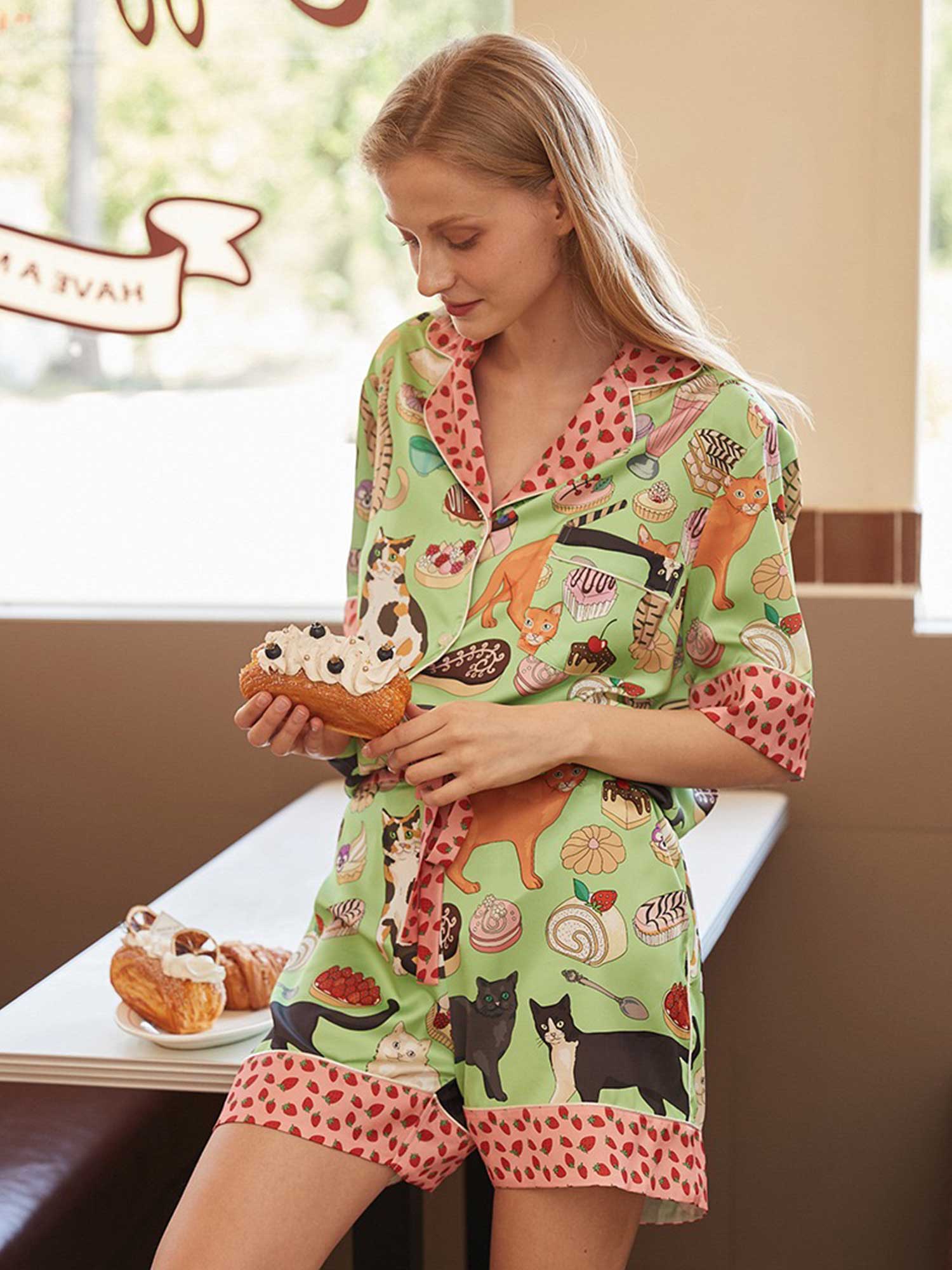 Cartoon Coffee & Cat Print Pajama Set