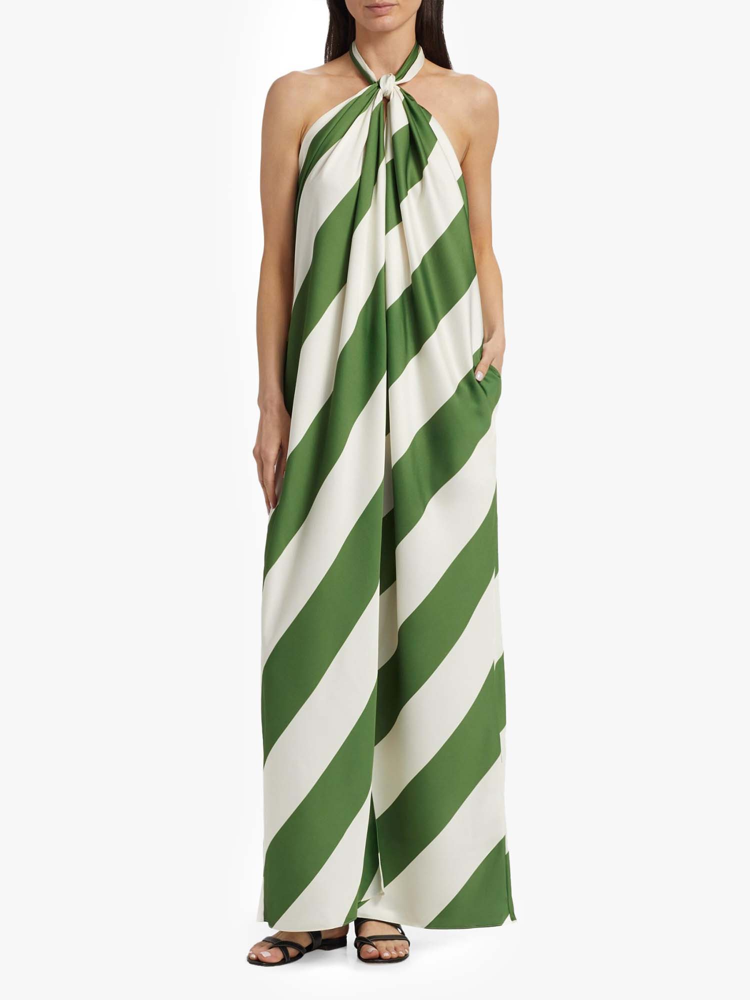 Green Diagonal Stripe Halter Maxi Dress