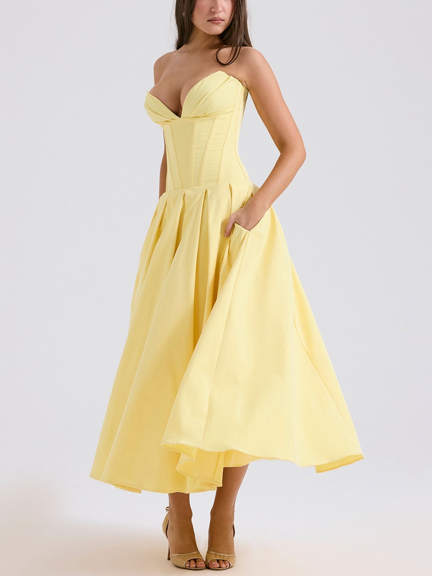 Yellow Strapless Fit-and-Flare Midi Dress