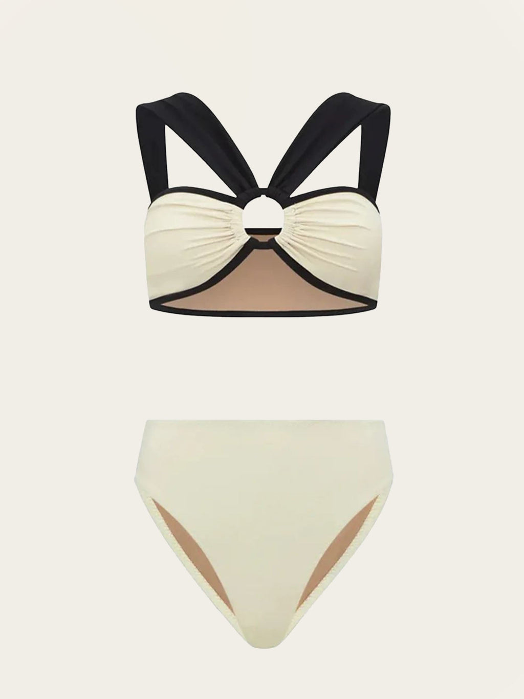 Black & White Two-Tone Bikini Set with Ring Detail