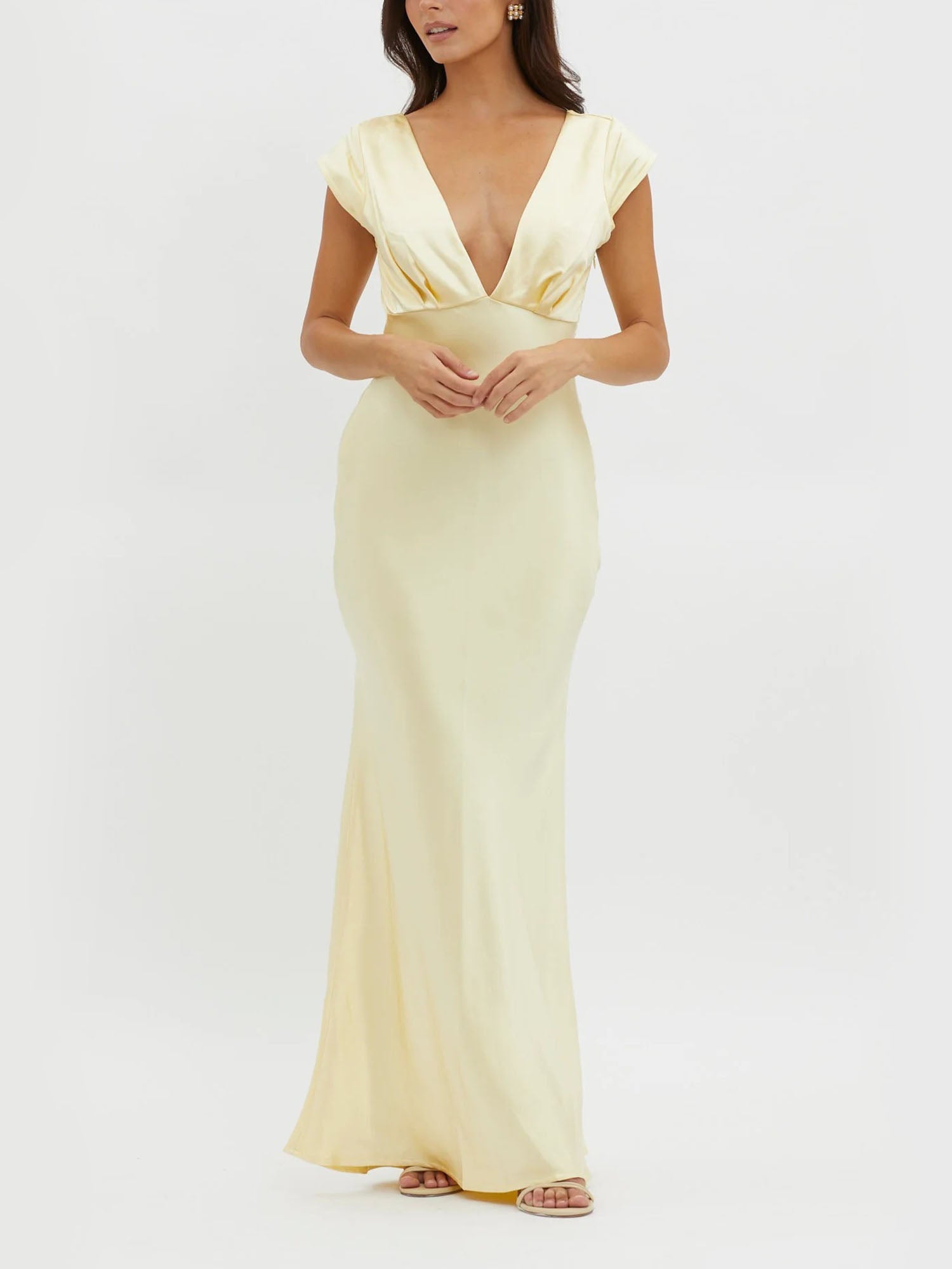 Lemon Cream Plunge Neck Maxi Dress